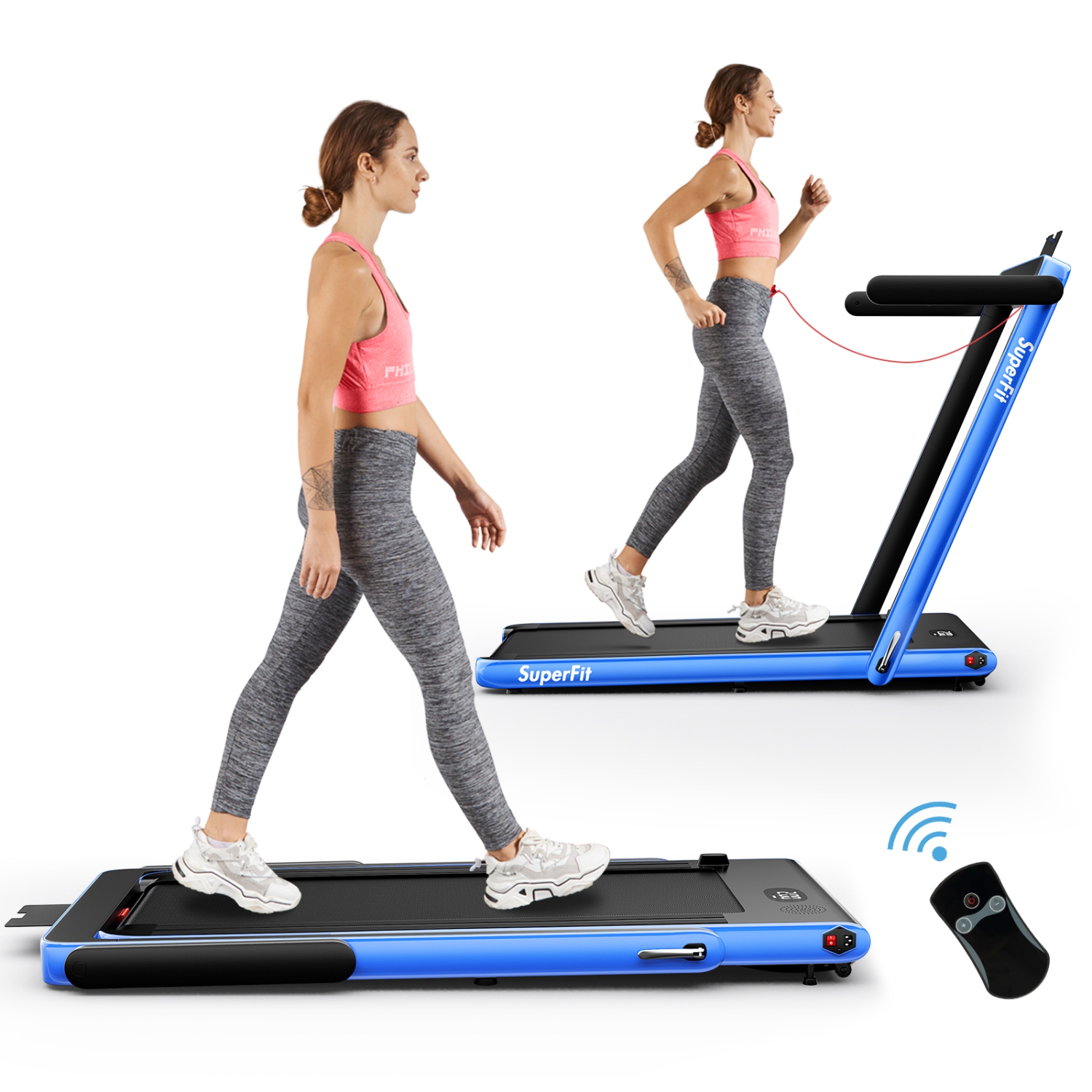 Superfit 2.25HP 2 in 1 Folding Treadmill / Walking Pad With Bluetooth Speaker and Remote Control - Blue