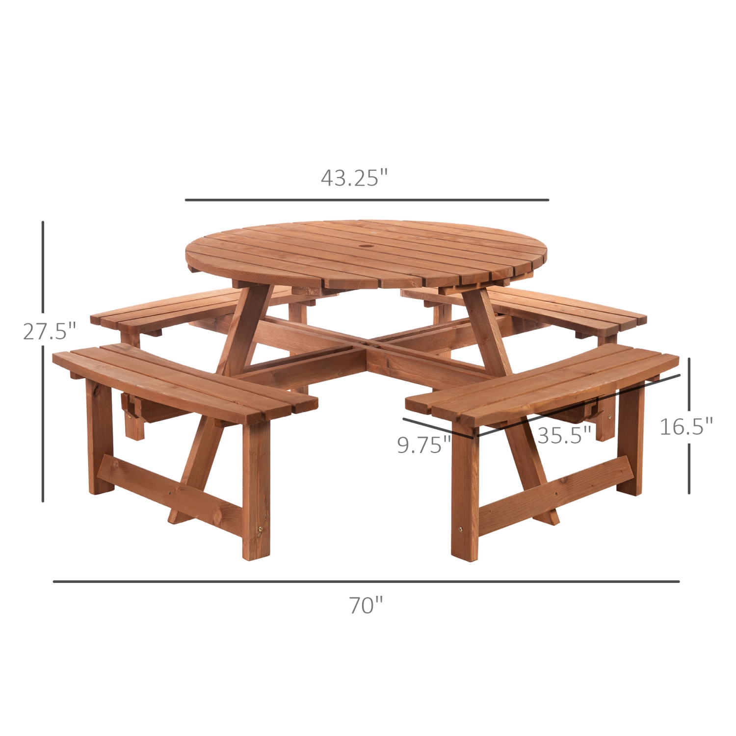 Outsunny Wooden Patio Dining Set for 8 People, Outdoor Table and Benches Set with 4 Double-Seat Benches & Round Picnic Table, Φ70.1" x 27.6" H,