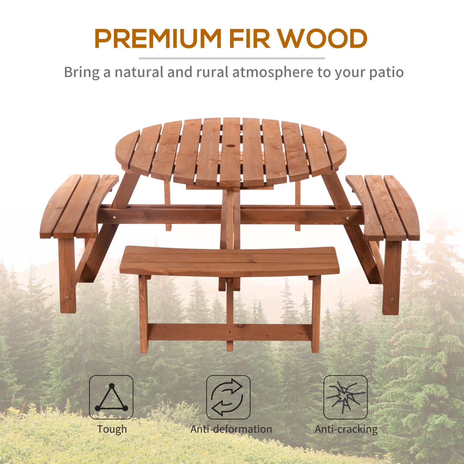 Outsunny Wooden Patio Dining Set for 8 People, Outdoor Table and Benches Set with 4 Double-Seat Benches & Round Picnic Table, Φ70.1" x 27.6" H,