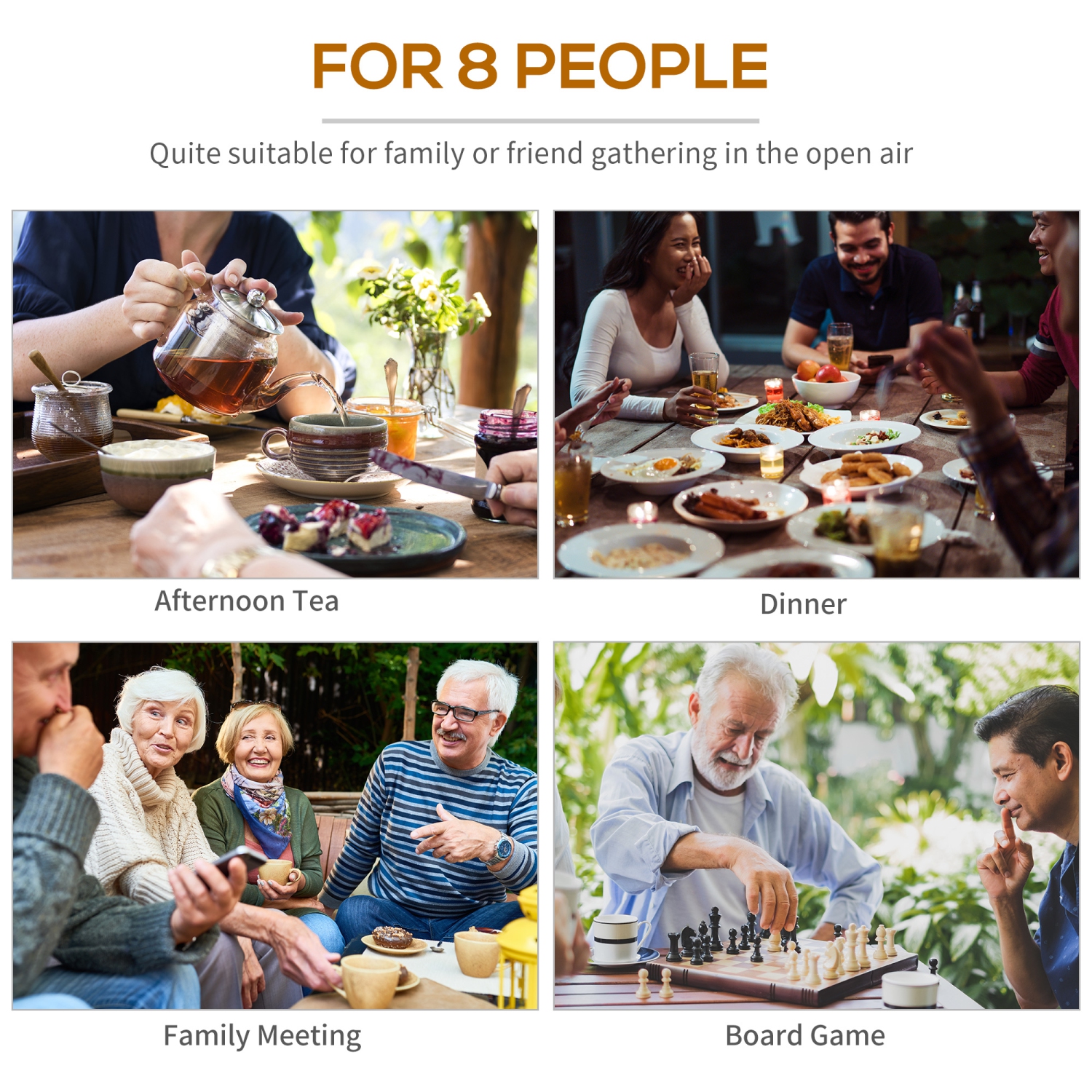 Outsunny Wooden Patio Dining Set for 8 People, Outdoor Table and Benches Set with 4 Double-Seat Benches & Round Picnic Table, Φ70.1" x 27.6" H,