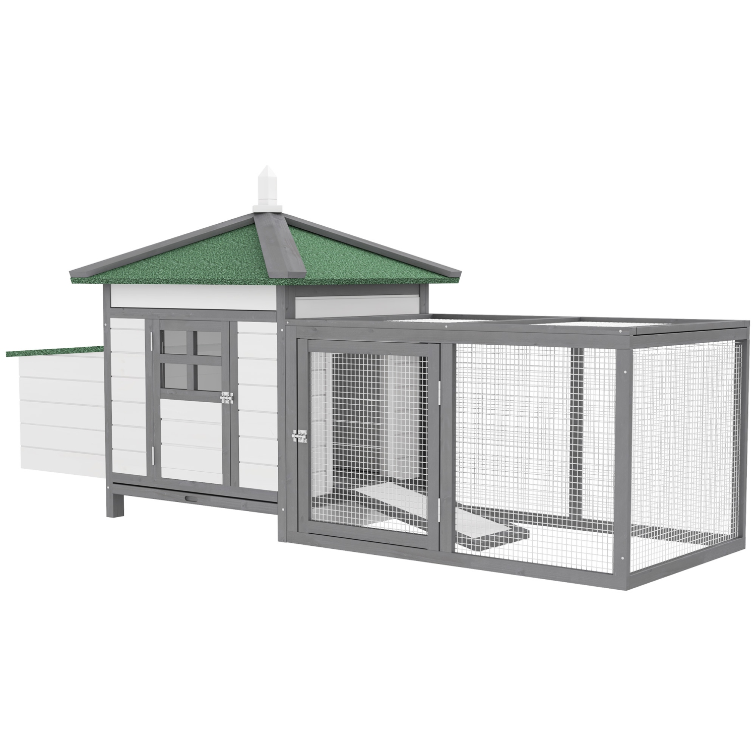 PawHut Poulailler cottage multi-équipement perchoir rampe pondoir enclos tiroir à déjection 196L x 77l x 99H cm bois massif pin gris blanc