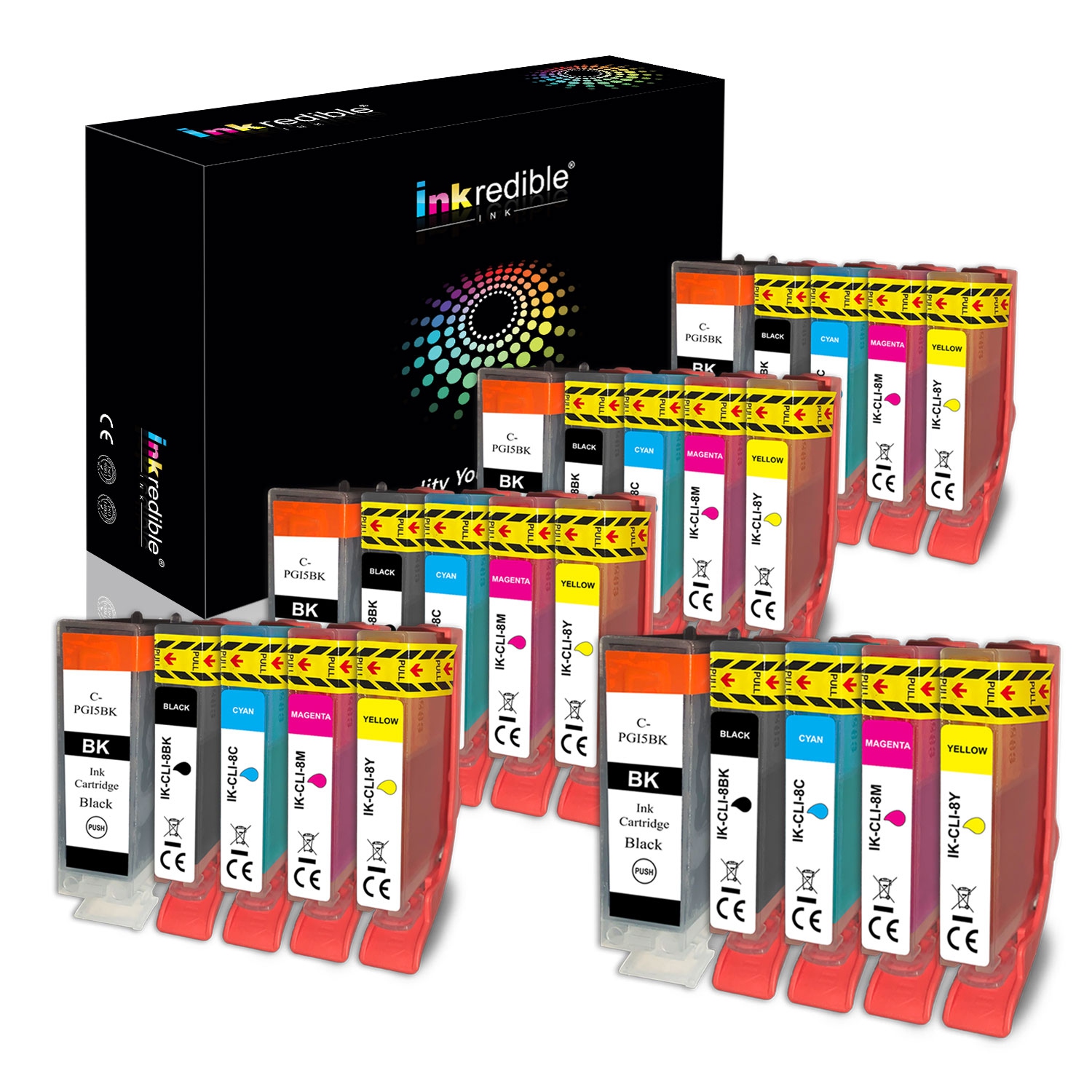 Canon PGI-5, CLI-8 Compatible Ink Cartridge Combo - Inkredible Ink™ - 25/Pack (5 BK, 5 PBK, 5 C, 5 M, 5 Y)