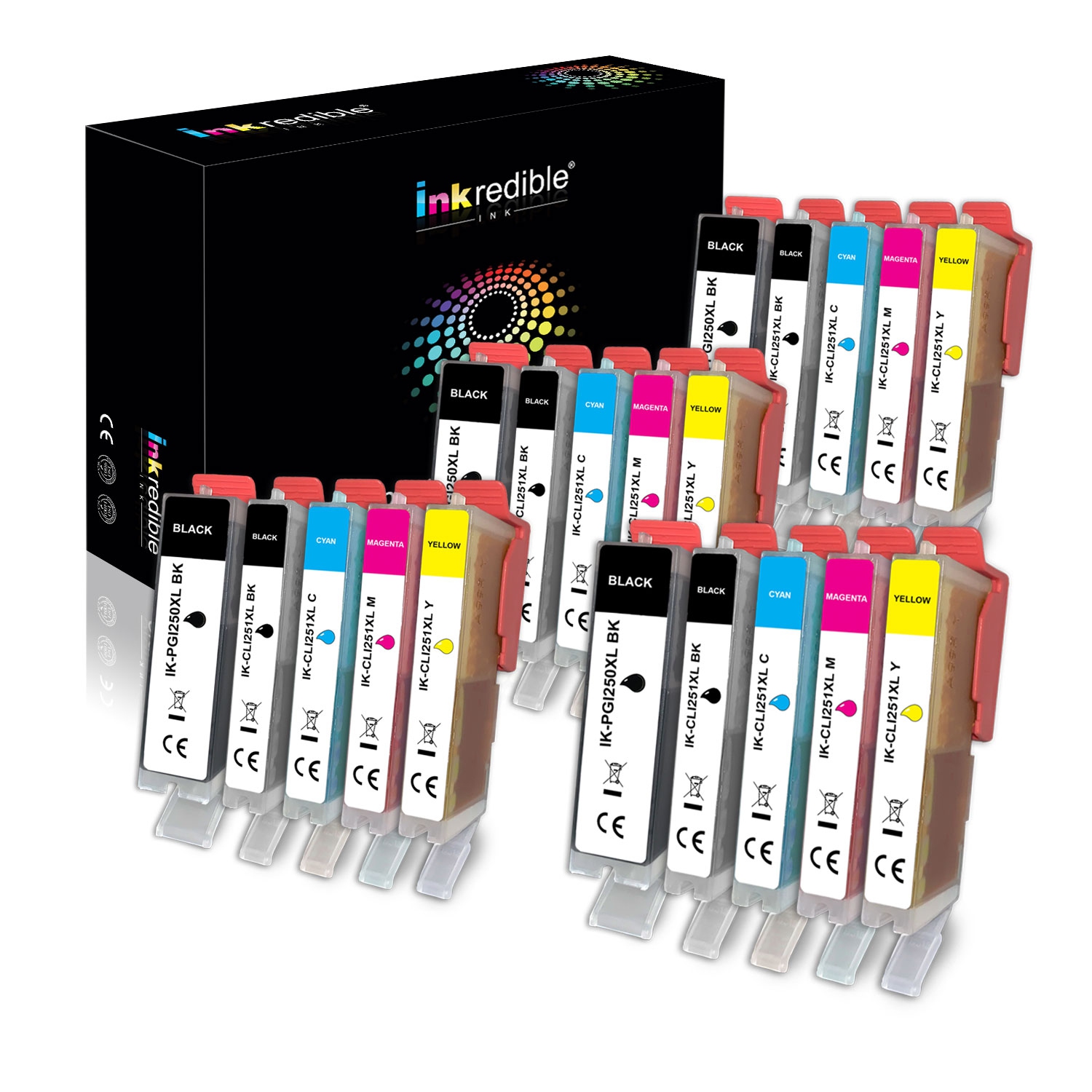 Canon PGI-250, CLI-251 Compatible Ink Cartridge Combo (BK/PBK/C/M/Y) - Inkredible Ink™ - 20/Pack (4 BK, 4 PBK, 4 C, 4 M, 4 Y)