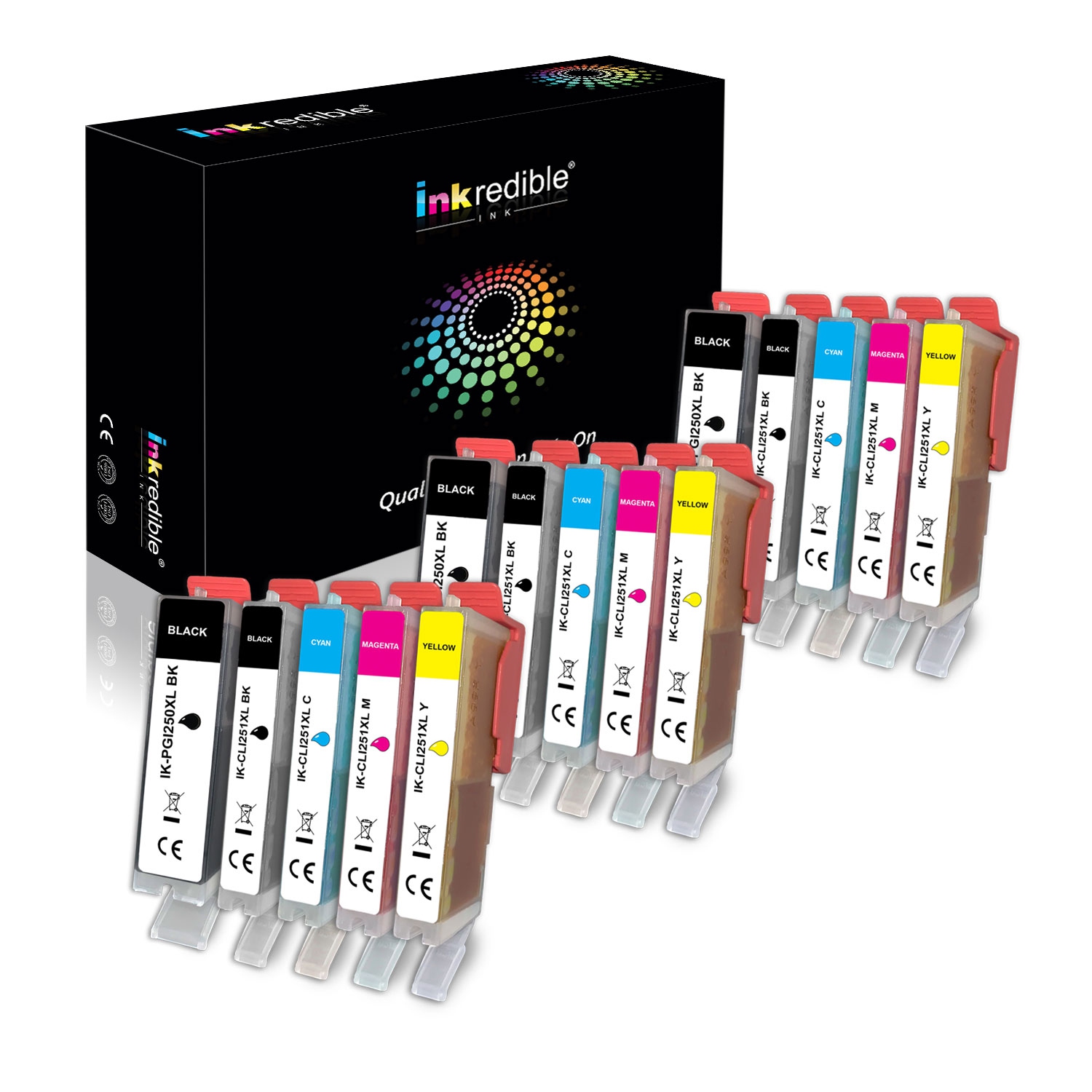 Canon PGI-250, CLI-251 Compatible Ink Cartridge Combo (BK/PBK/C/M/Y) - Inkredible Ink™ - 15/Pack (3 BK, 3 PBK, 3 C, 3 M, 3 Y)