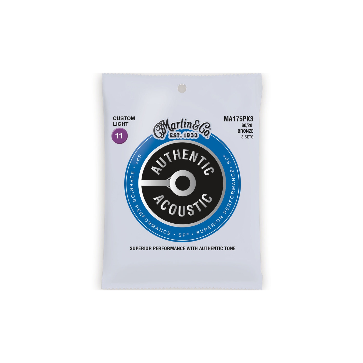 Martin Authentic SP Acoustic Guitar Strings - 80/20, Custom Light, 3 Pack