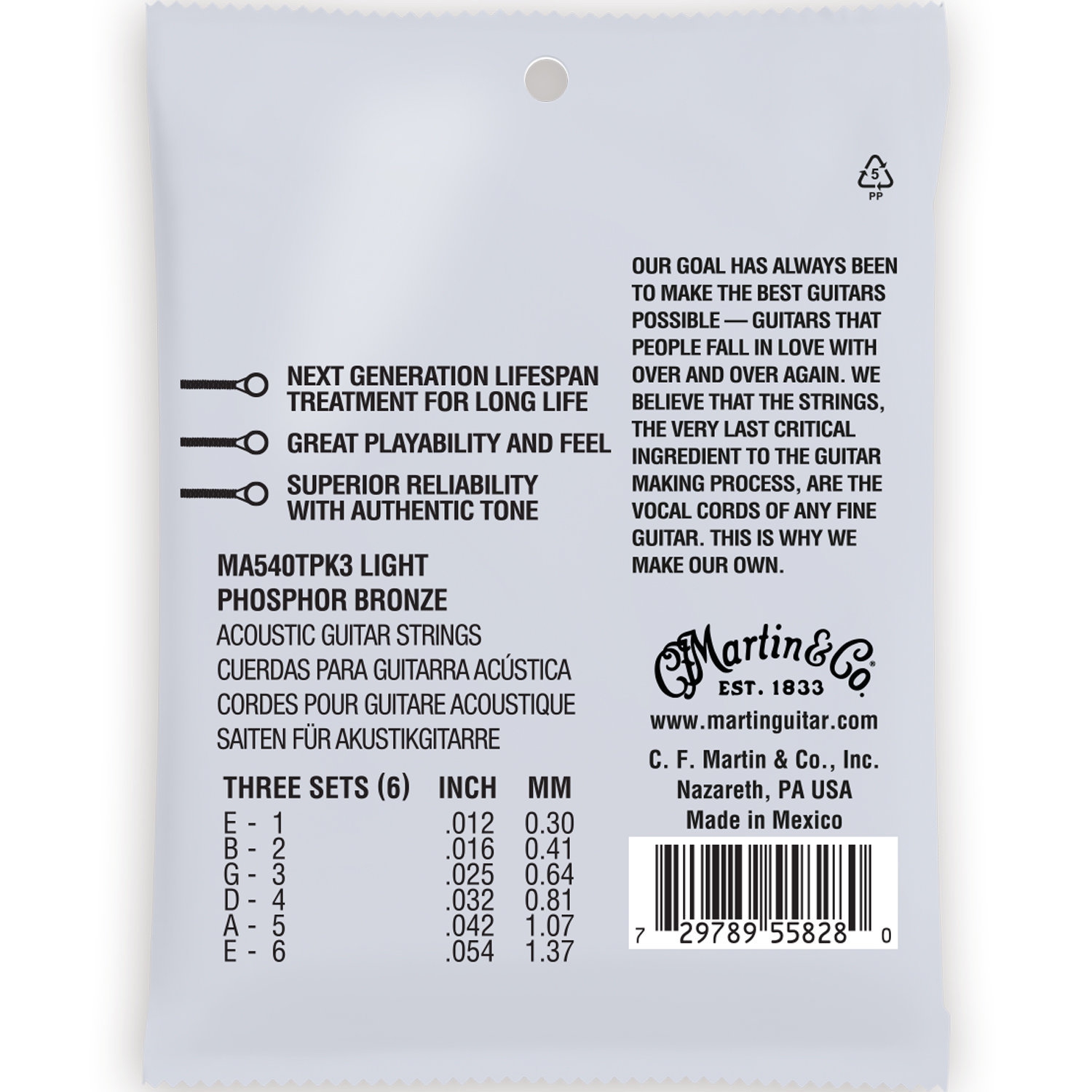 Martin Authentic Lifespan 2.0 Cordes de guitare acoustique - 92/8, Lumière, 3 Pack