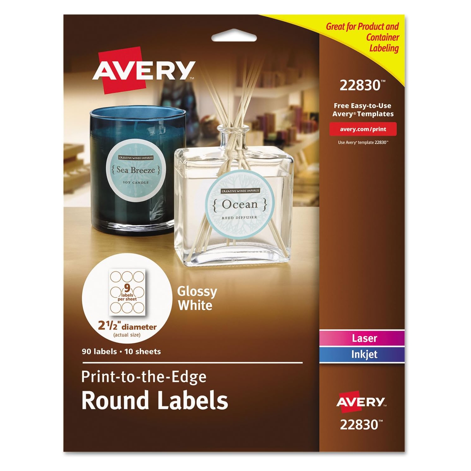 Avery 2.5" Glossy White Round Labels for Laser & Inkjet Printers -