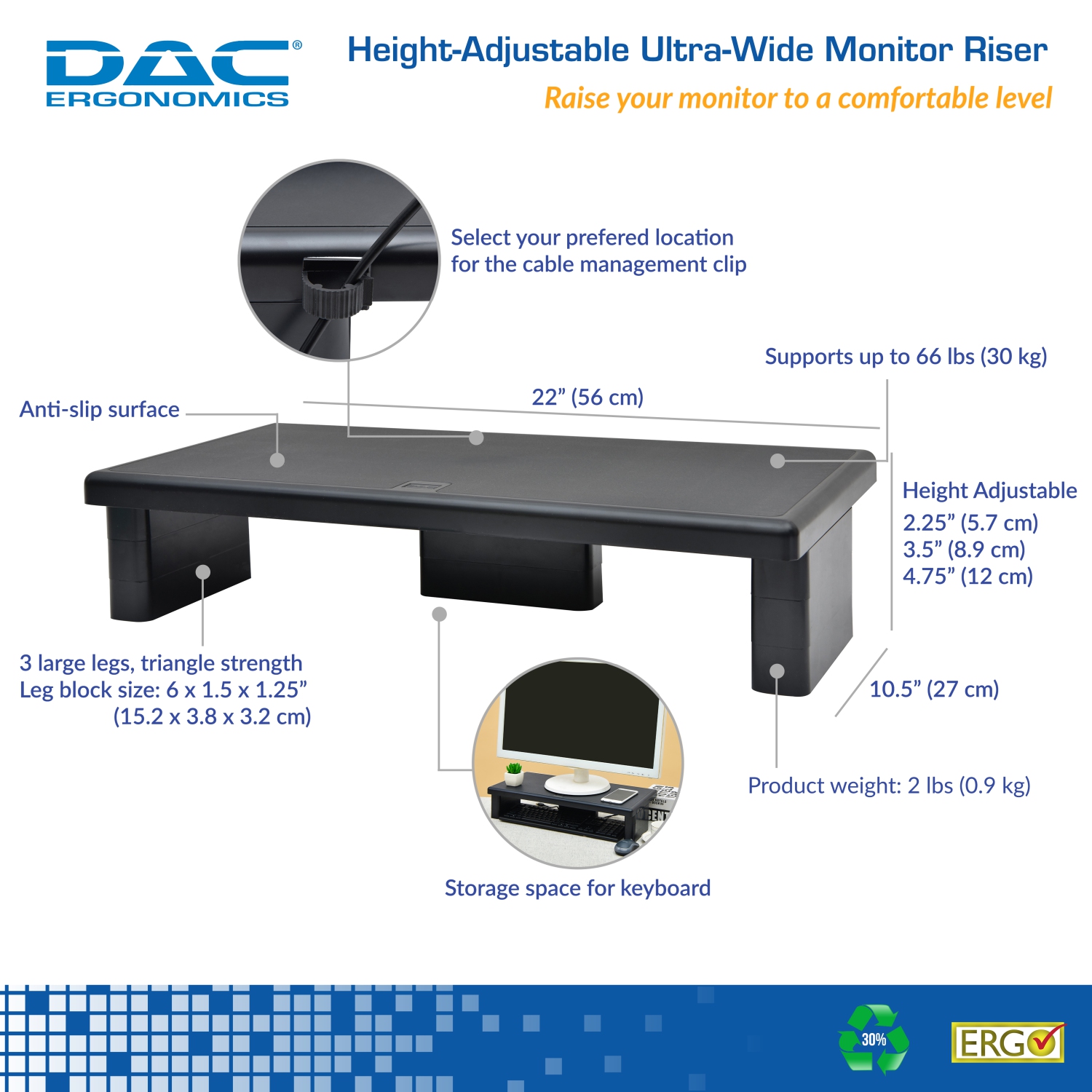 DAC Ergonomics MP-211 Ultra-Wide Monitor Stand with keyboard storage