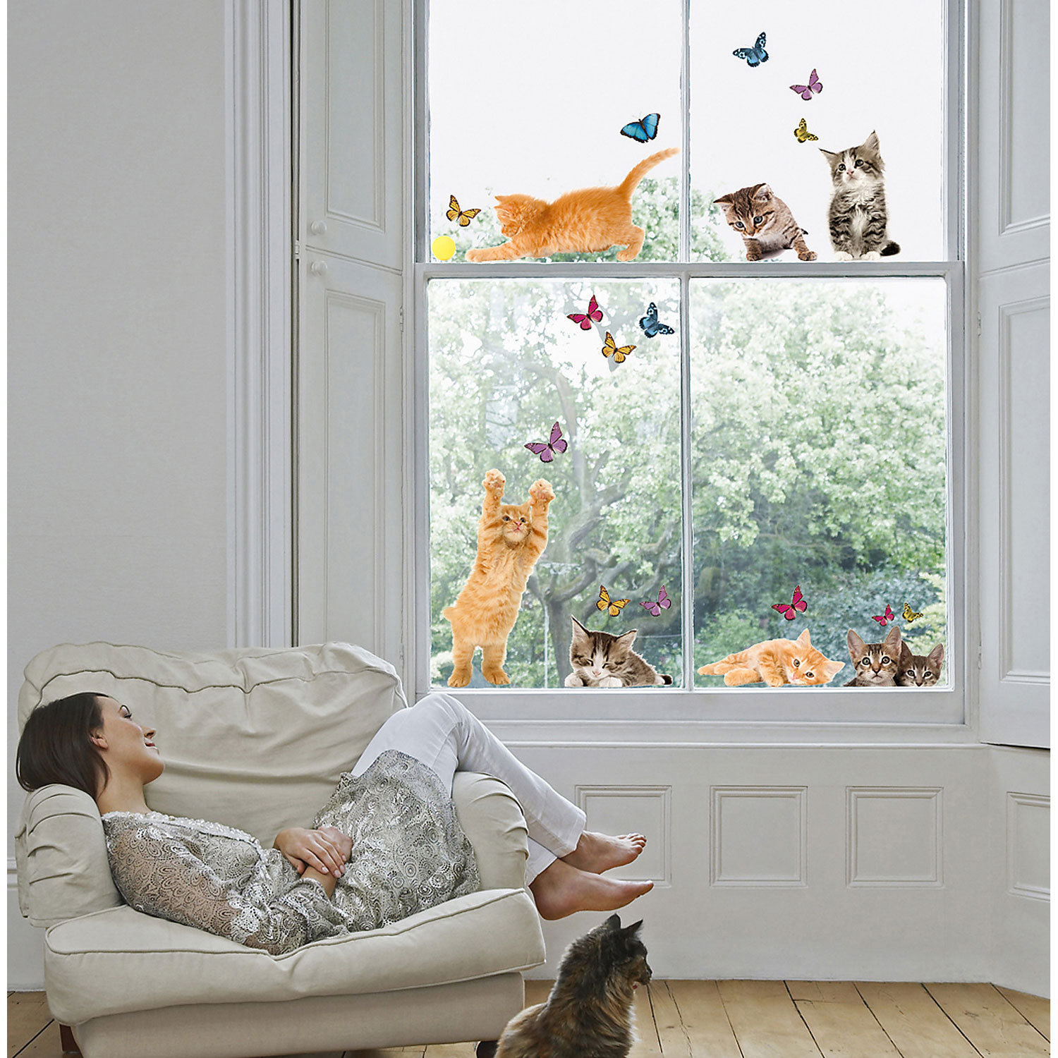 Home Decor Line Playful Cats and Butterflies Window Decal