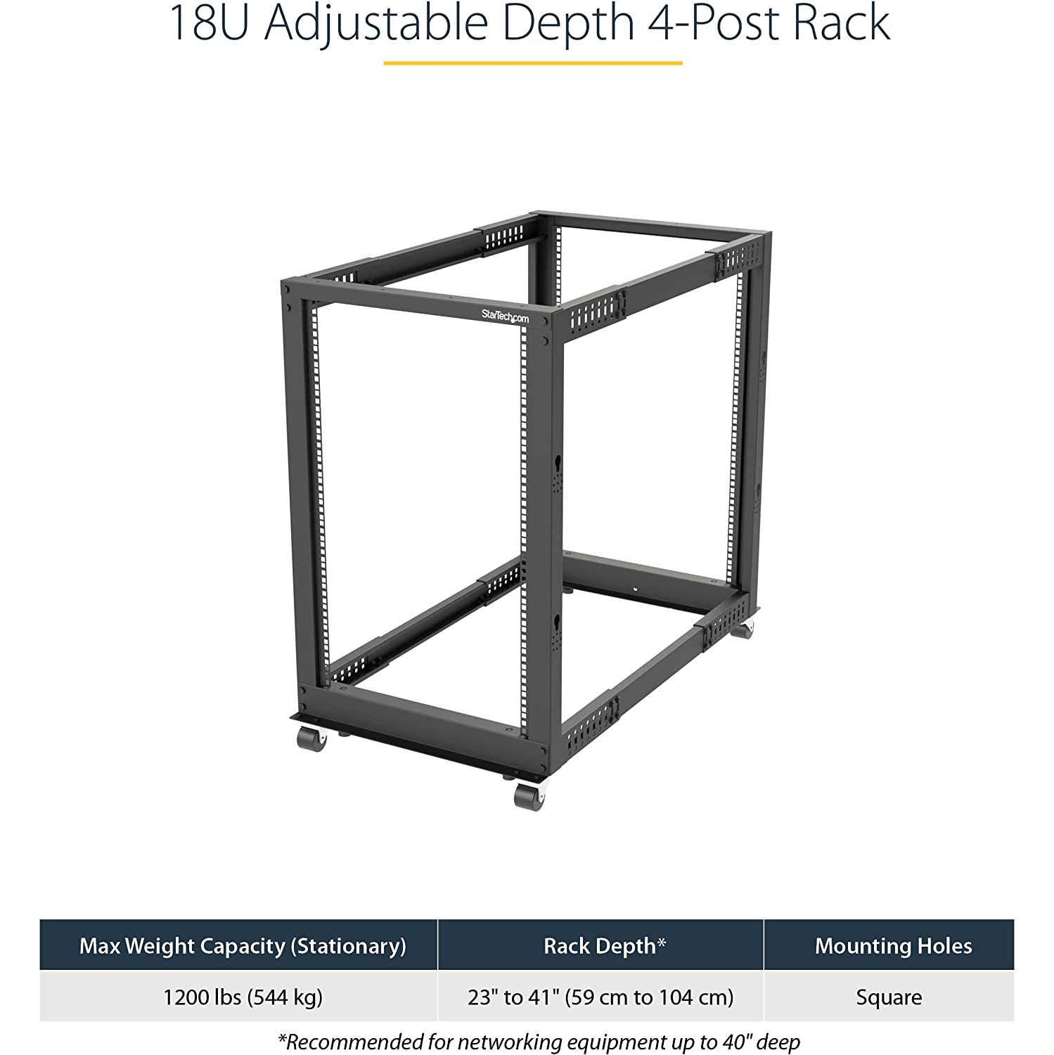 StarTech 18U 19" Open Frame Server Rack - 4 Post, Adjustable Depth 22 to 40" - Mobile Network Equipment Rack - HP ProLiant ThinkServer