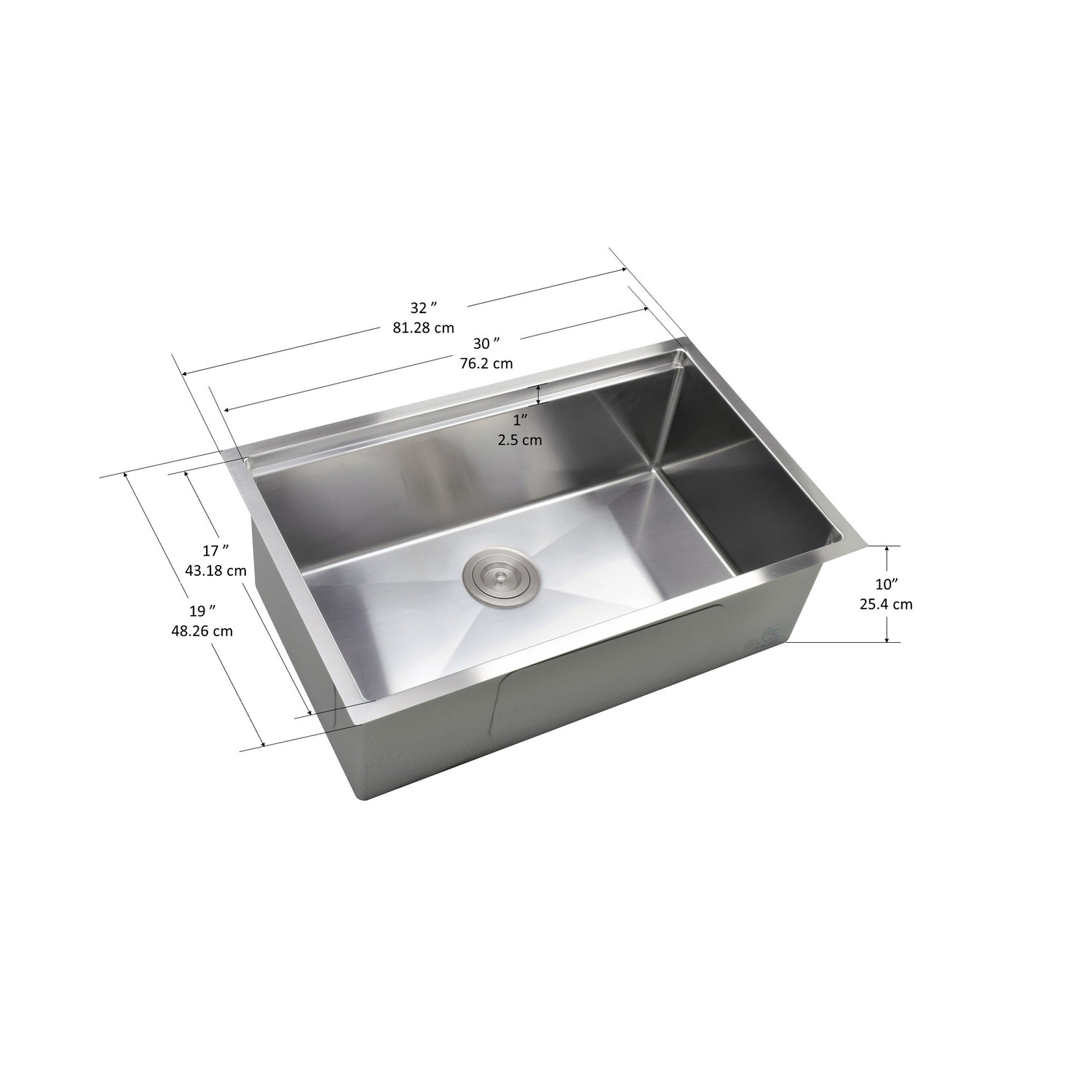 Ancona évier de 32 po. avec cuve unique à installation sous plan en axier inoxydable fabriqué à la main