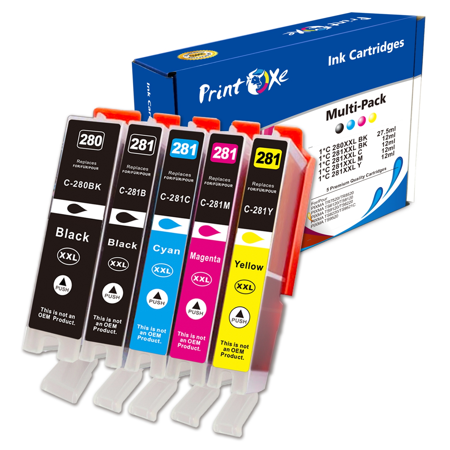 PRINTOXE® PGI 280 / CLI 281 XXL Set of 5 Ink Cartridges Without Photo Blue for Canon TR7500 TR7520 TR8500 TR8520 TR8620 TS6100 TS6120 TS6200 TS6220