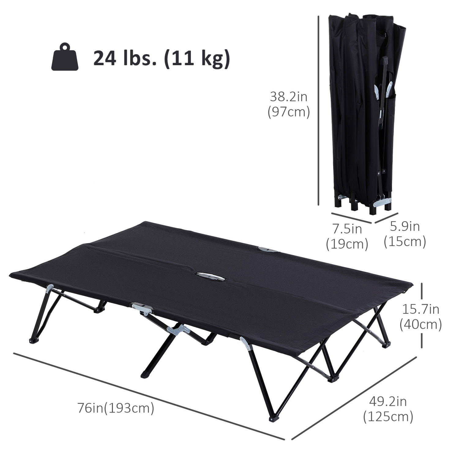 Outsunny 76" Two Person Folding Camping Cot Outdoor Portable Double Cot Wide Military Sleeping Bed w/ Carrying Bag Black