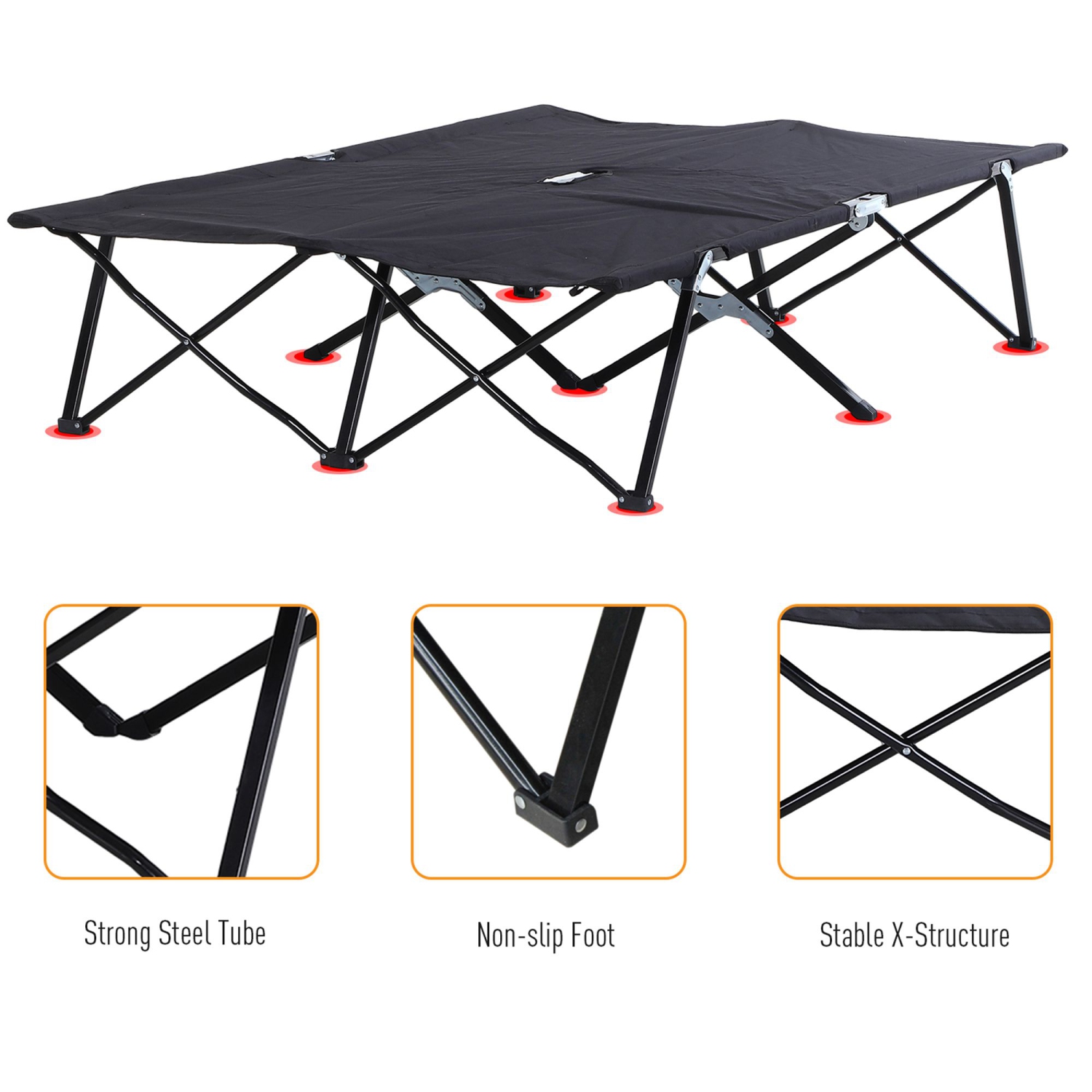 Outsunny 76" Two Person Folding Camping Cot Outdoor Portable Double Cot Wide Military Sleeping Bed w/ Carrying Bag Black