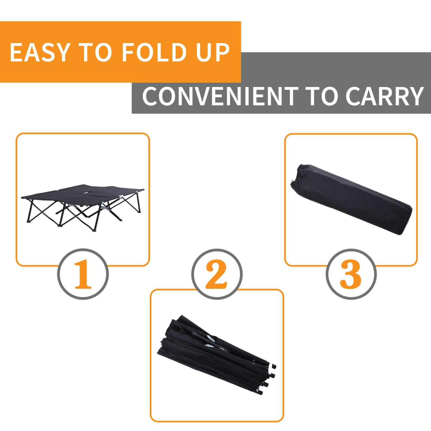 Outsunny 76" Two Person Folding Camping Cot Outdoor Portable Double Cot Wide Military Sleeping Bed w/ Carrying Bag Black