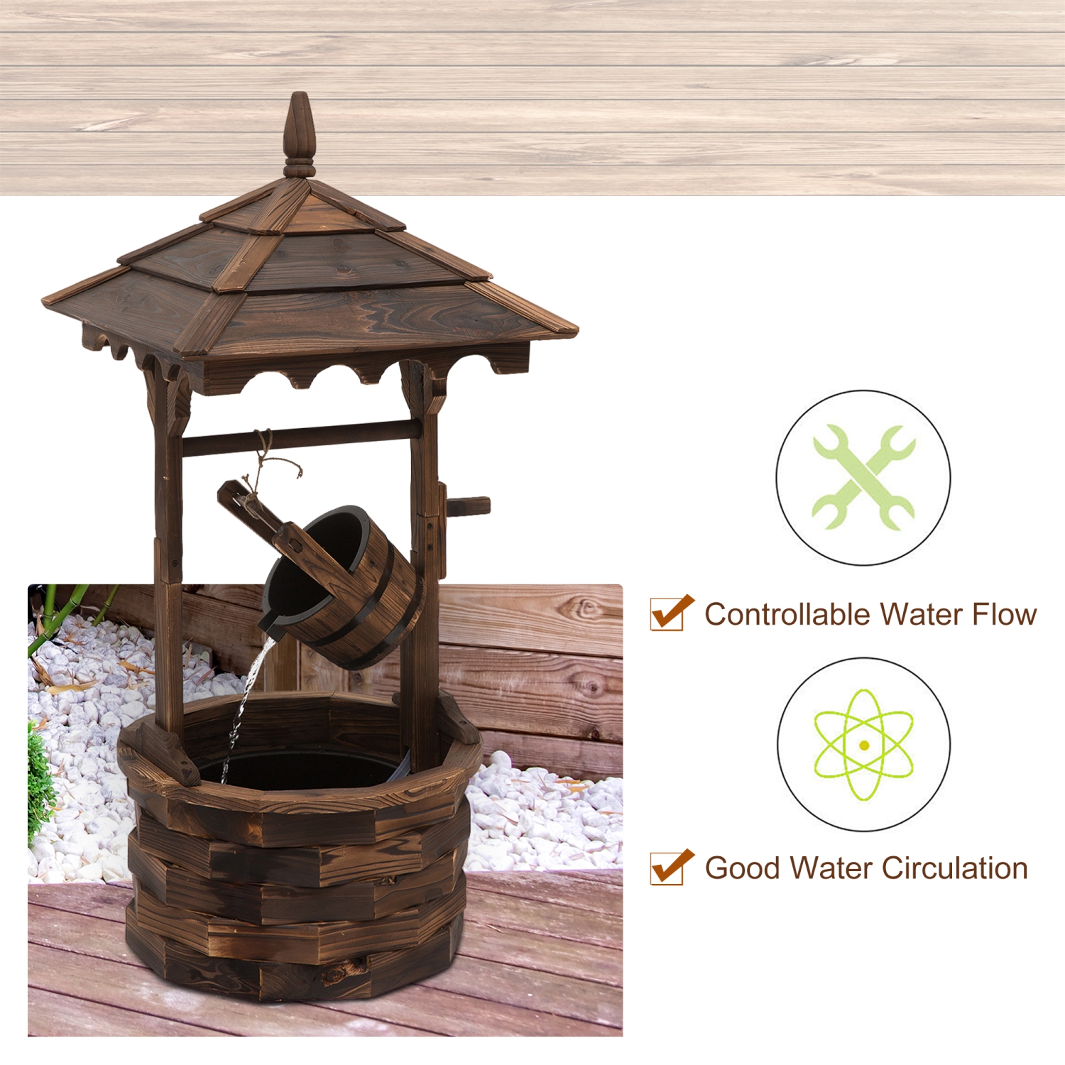 Outsunny Outdoor – Fontaine en bois Wishing Wishing Wishing Wishing Well avec baril suspendu, fontaine cascade rustique de 47,25 po avec pompe