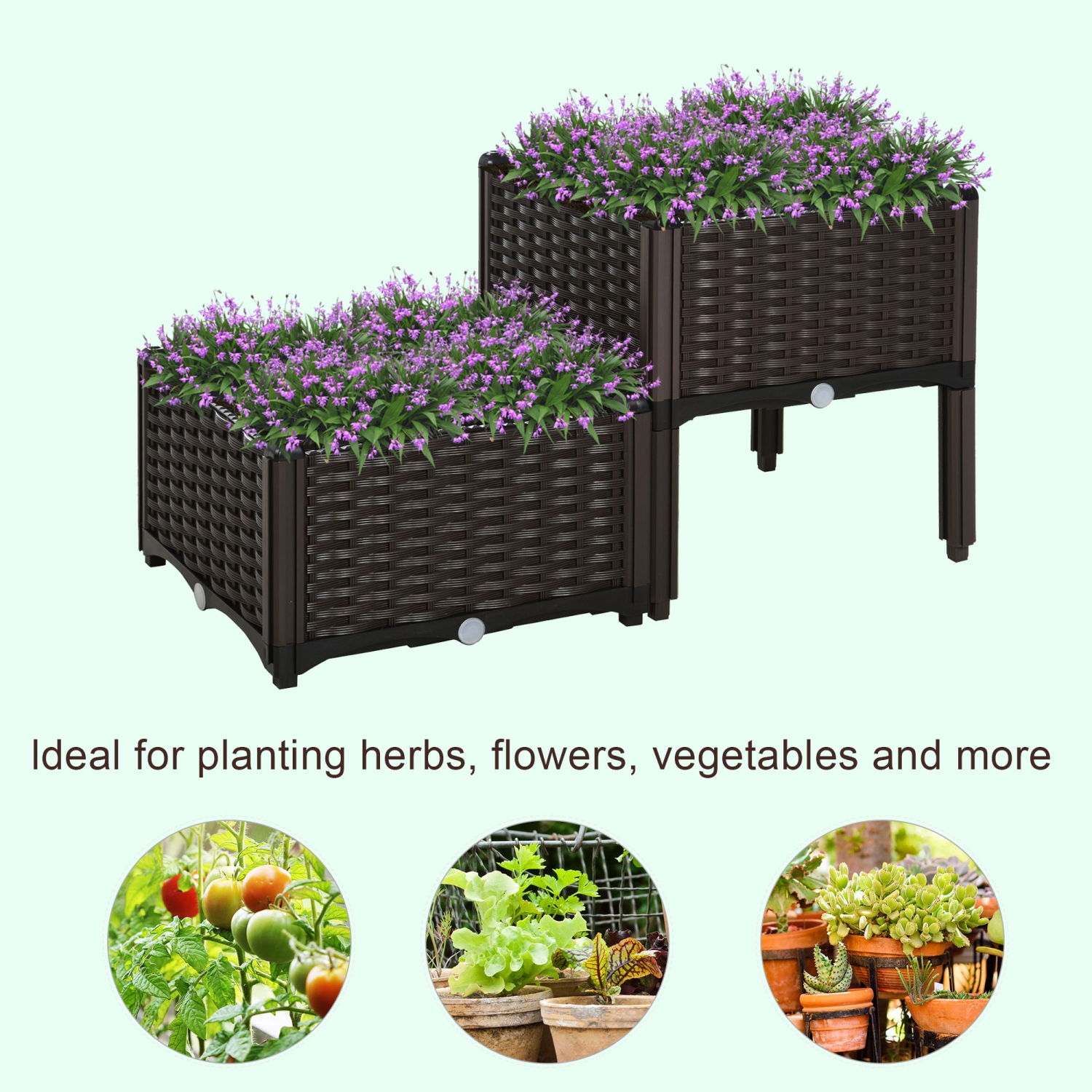 Outsunny 2 Piece Raised Garden Bed PP Raised Flower Bed Vegetable Herb Grow Box Stand Brown