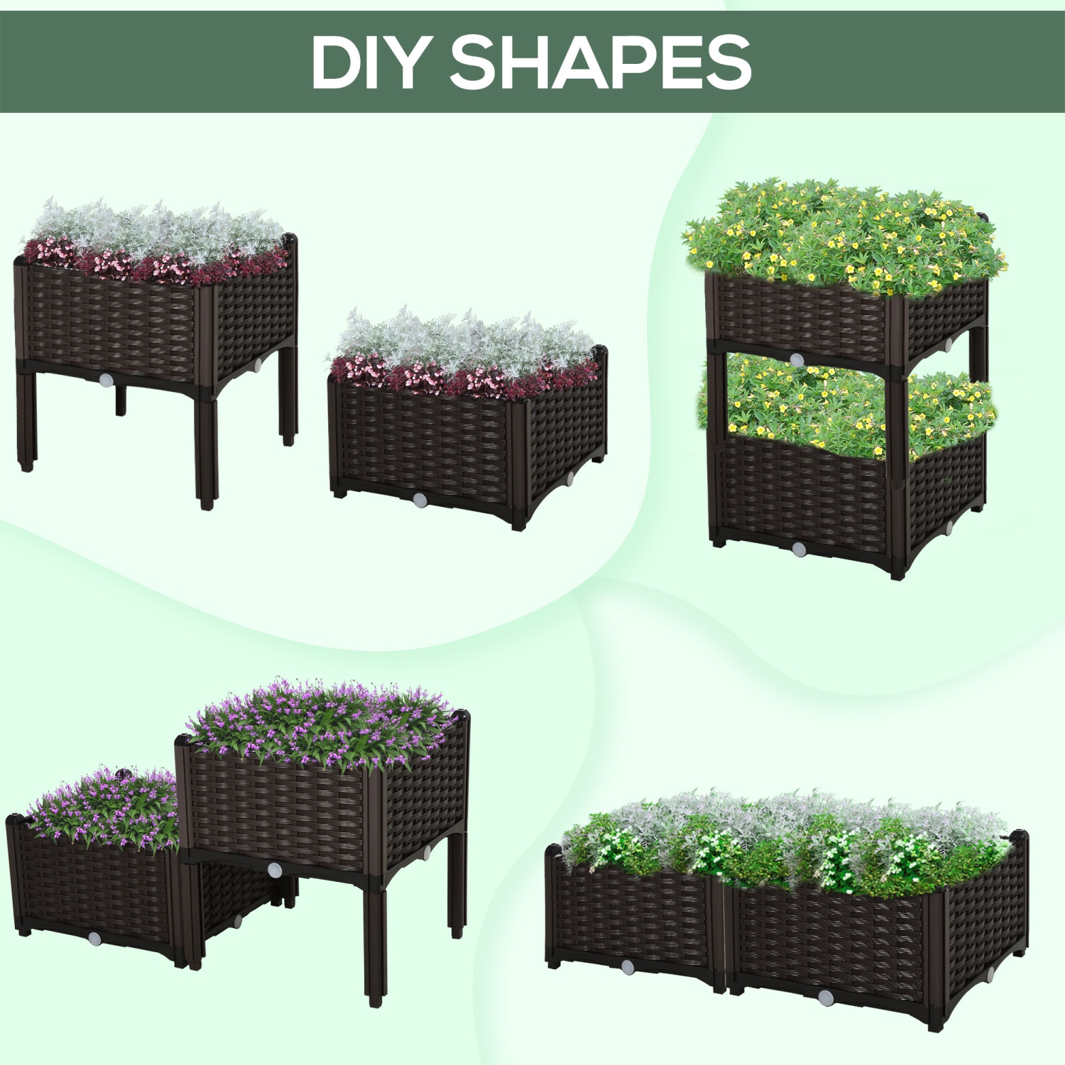 Outsunny 2 Piece Raised Garden Bed PP Raised Flower Bed Vegetable Herb Grow Box Stand Brown