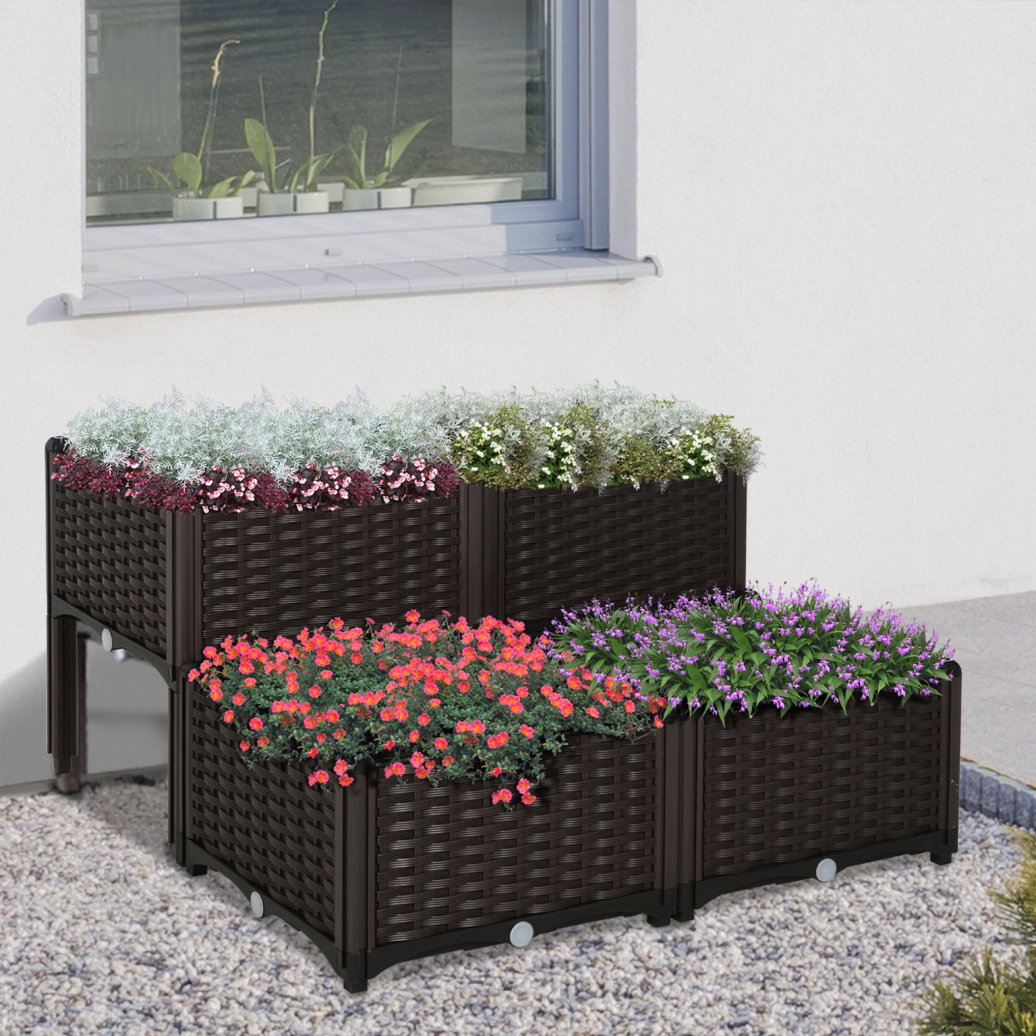 Outsunny 4 Piece Raised Garden Bed PP Raised Flower Bed Vegetable Herb Grow Box Stand Brown