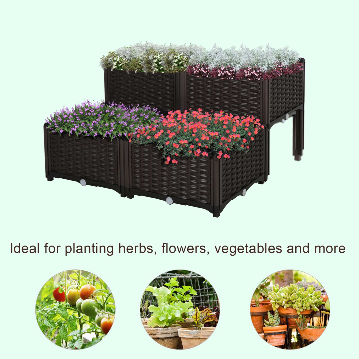 Outsunny 4 Piece Raised Garden Bed PP Raised Flower Bed Vegetable Herb Grow Box Stand Brown