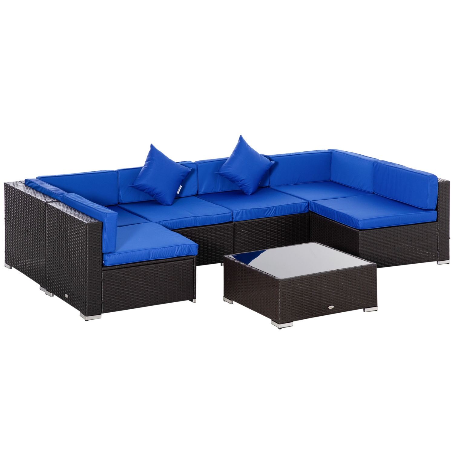 Outsunny 7 Pieces Outdoor Rattan Furniture Set, Patio Wicker Sectional Conversation Sofa Set w/ Cushions & Tempered Glass Coffee Table, Ideal for Garden, Lawn, and Deck, Blue