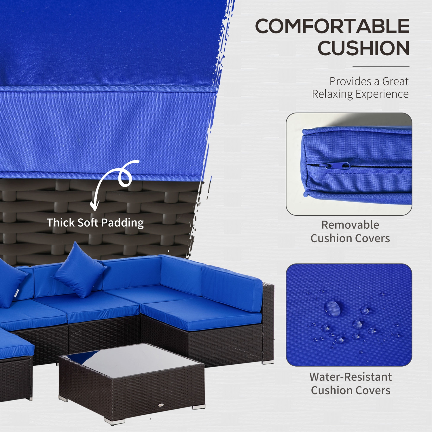 Ensemble de meubles d'extérieur en rotin Outsunny de 7 pièces, ensemble de patio modulaire en osier avec coussins et table basse en verre trempé,