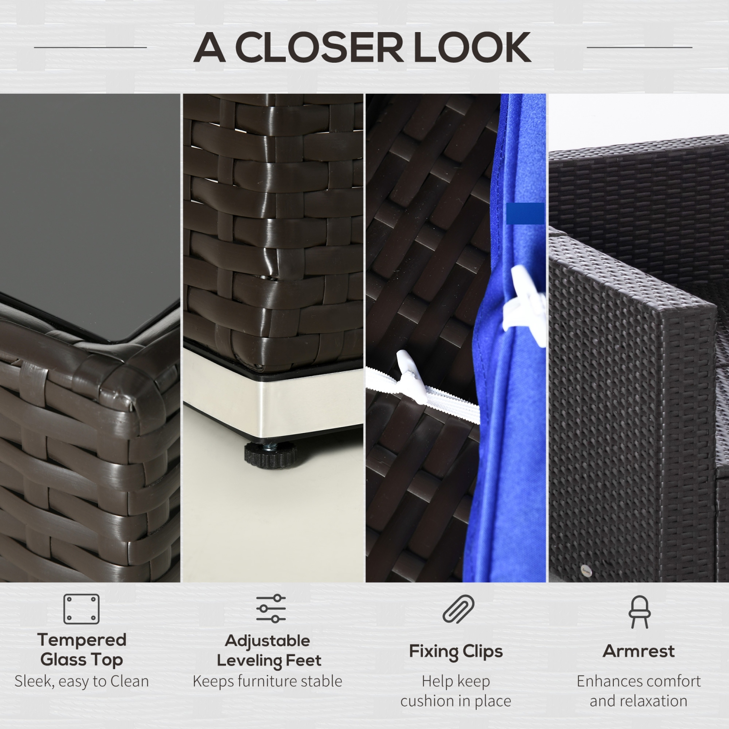 Ensemble de meubles d'extérieur en rotin Outsunny de 7 pièces, ensemble de patio modulaire en osier avec coussins et table basse en verre trempé,