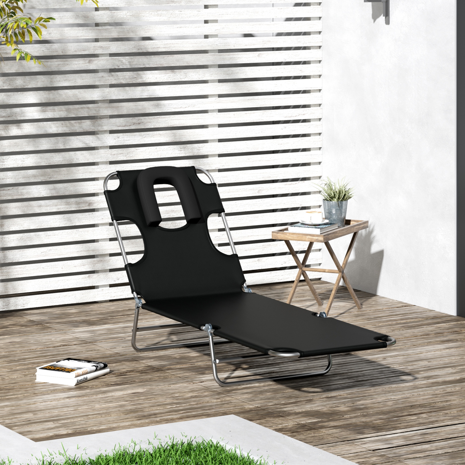 Outsunny Outdoor Lounge Chair, Adjustable Folding Chaise Lounge with Face Cavity, Tanning Chair Sun Lounger Bed Recliner, Black