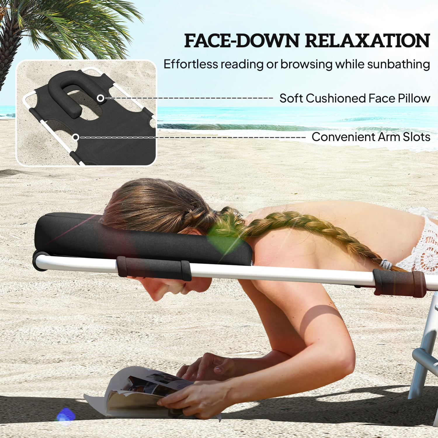 Outsunny Outdoor Lounge Chair, Adjustable Folding Chaise Lounge with Face Cavity, Tanning Chair Sun Lounger Bed Recliner, Black