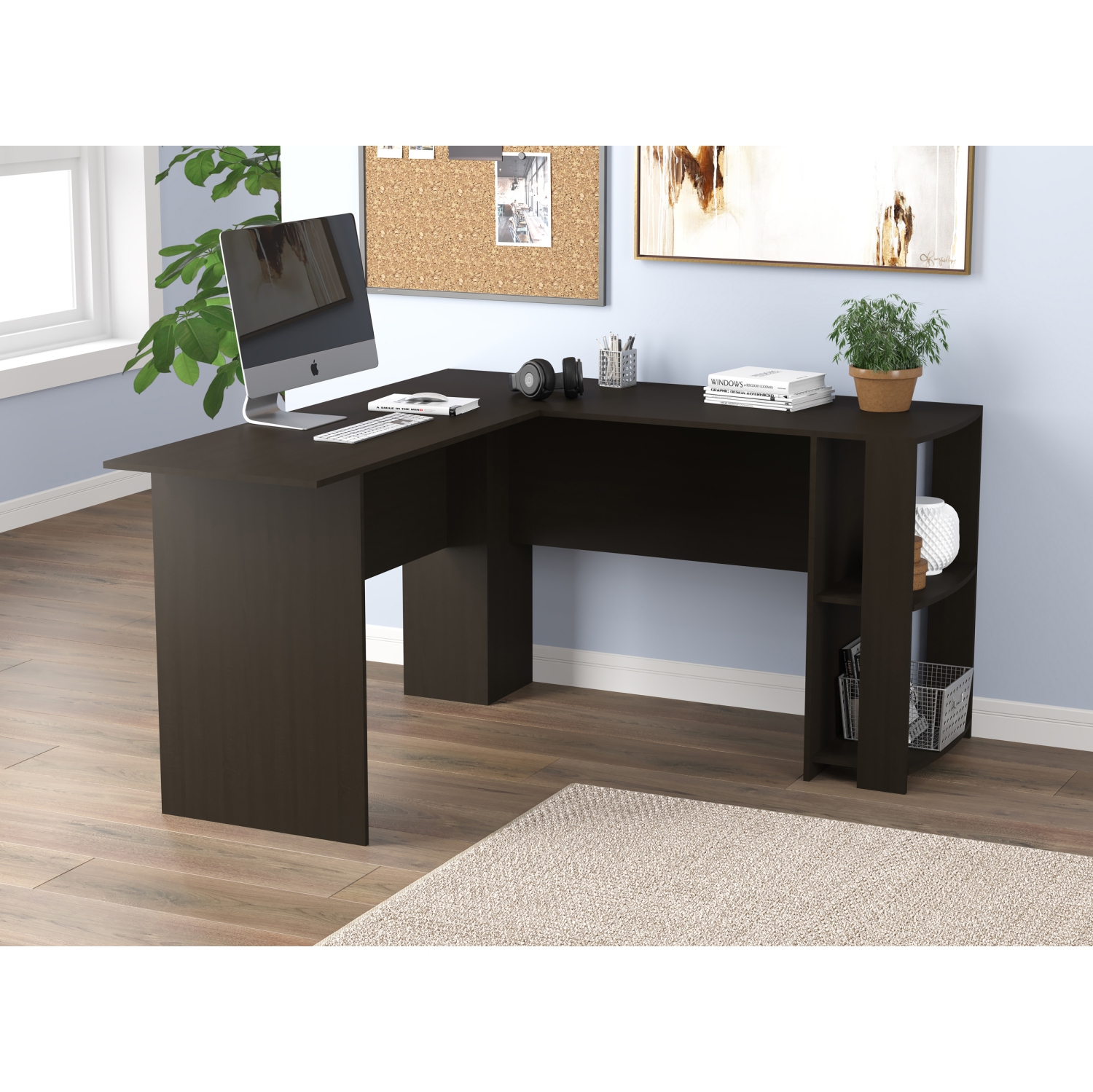 Grand bureau d'ordinateur de travail en L avec 2 tablettes couleur cappuccino 55&nbsp;L