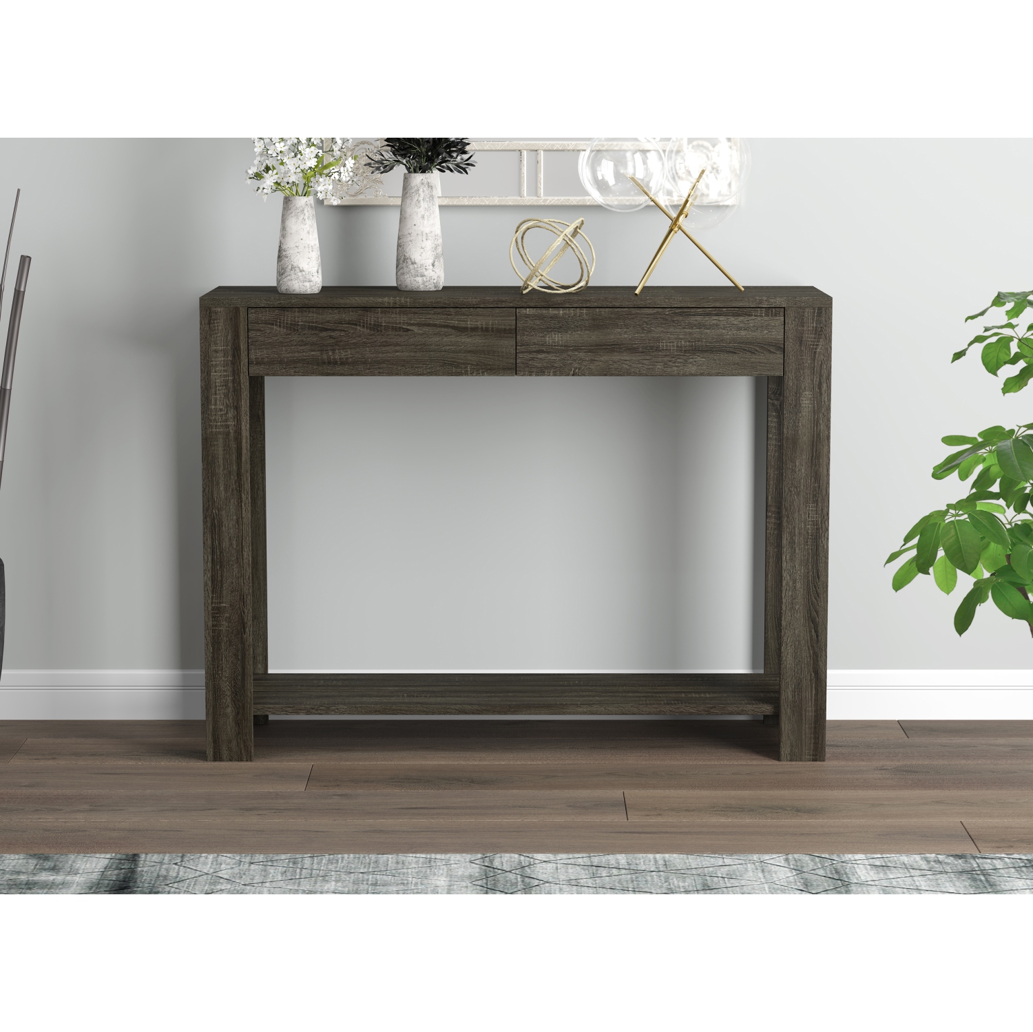 Table console élégante et fonctionnelle – 40&nbsp;po de long avec 2 tiroirs et 1 tablette, fini bois gris foncé