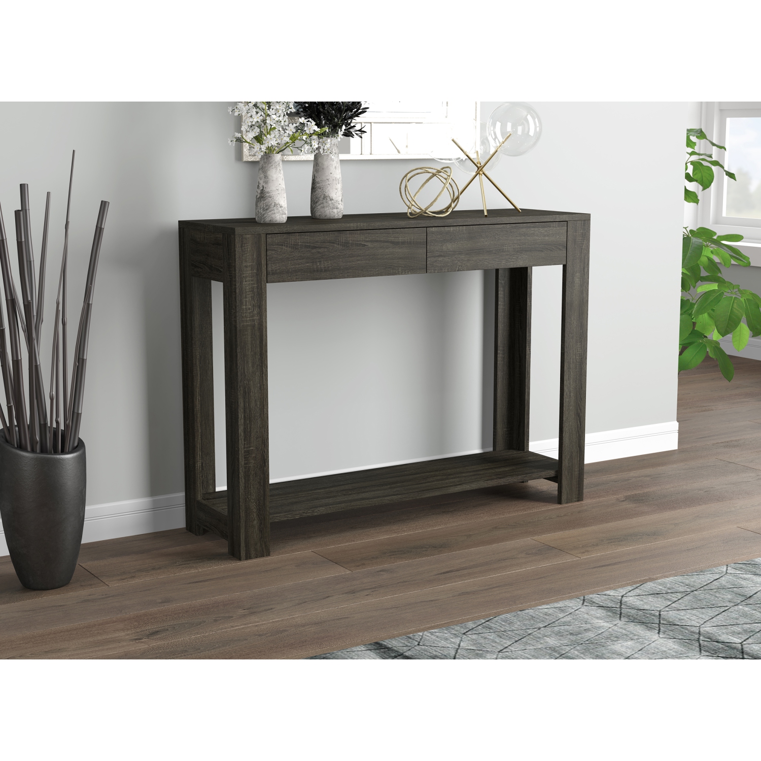 Table console élégante et fonctionnelle – 40&nbsp;po de long avec 2 tiroirs et 1 tablette, fini bois gris foncé