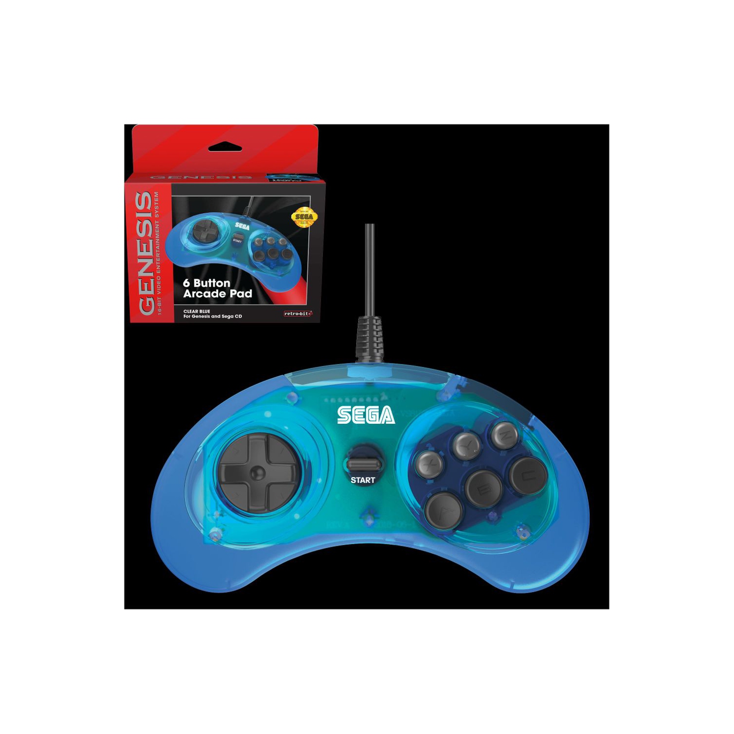 Retro-Bit SEGA Genesis 6-Button Arcade Pad, Clear Blue