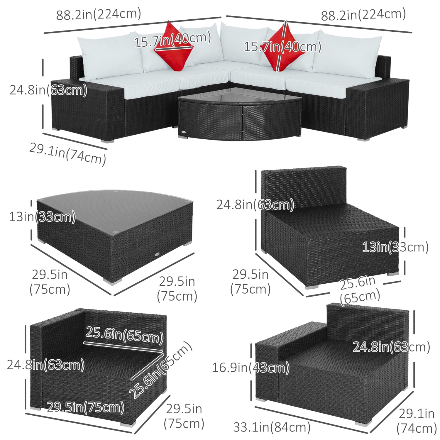 Outsunny 6pcs ensemble table basse chaise sectionnel extérieur en osier Rotin Conversation jardin Inclinable détente Canapé Set Meubles de patio