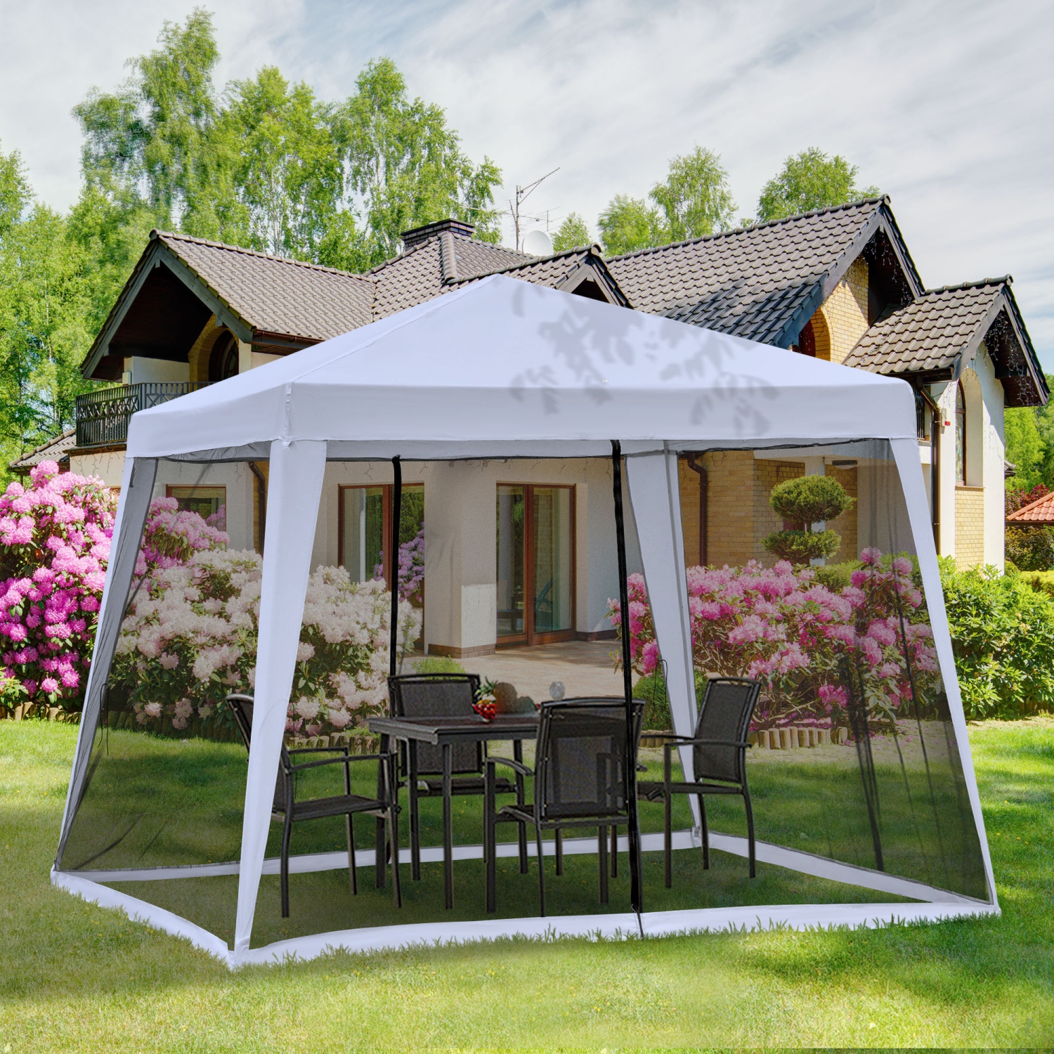 Abri de jardin Outsunny, 10 x 10 pi avec moustiquaire, abri pare-soleil extérieur à pieds inclinés, abri de jardin, gris