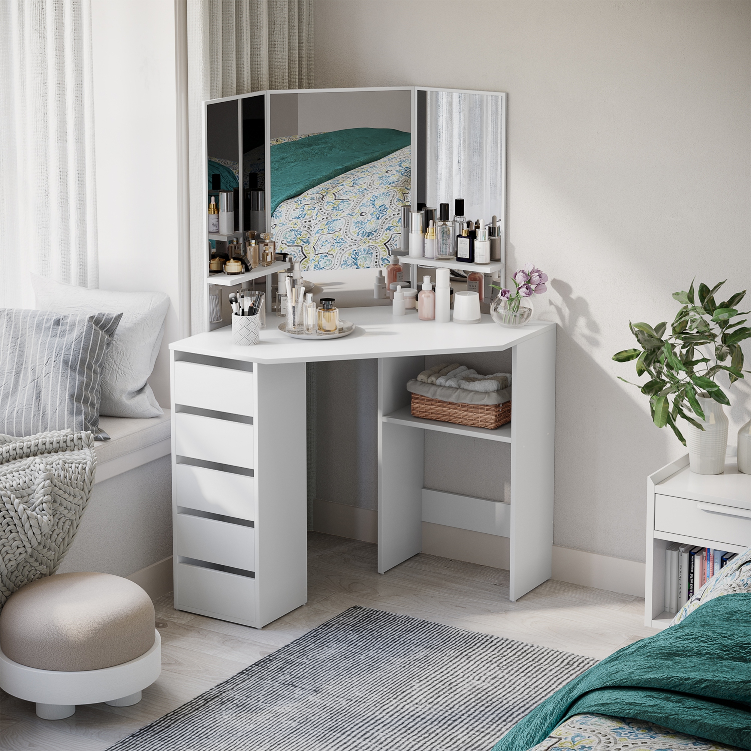 HOMCOM Corner Vanity Desk with Mirror, Makeup Vanity Table with 5 Drawers and Open Shelves, Dressing Table with 3-piece Mirror for Bedroom, White