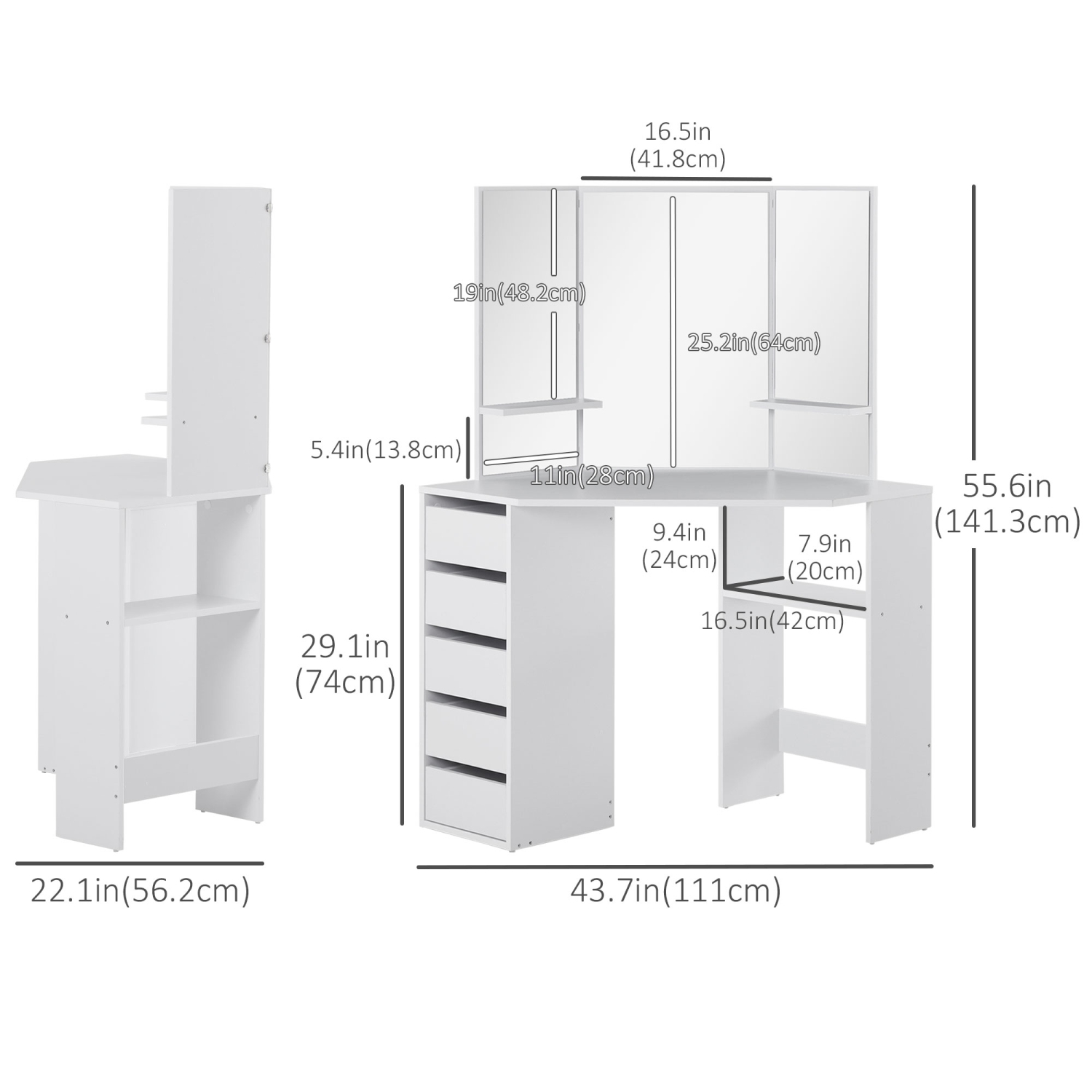 HOMCOM Corner Vanity Desk with Mirror, Makeup Vanity Table with 5 Drawers and Open Shelves, Dressing Table with 3-piece Mirror for Bedroom, White