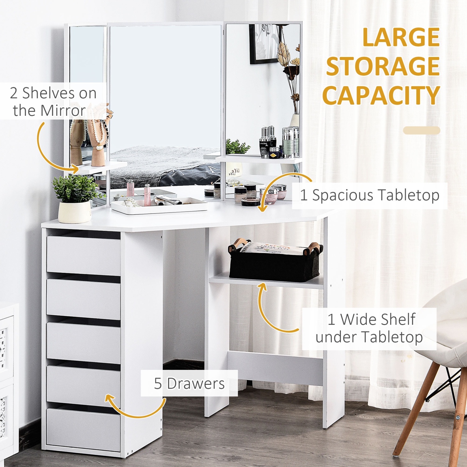 HOMCOM Corner Vanity Desk with Mirror, Makeup Vanity Table with 5 Drawers and Open Shelves, Dressing Table with 3-piece Mirror for Bedroom, White