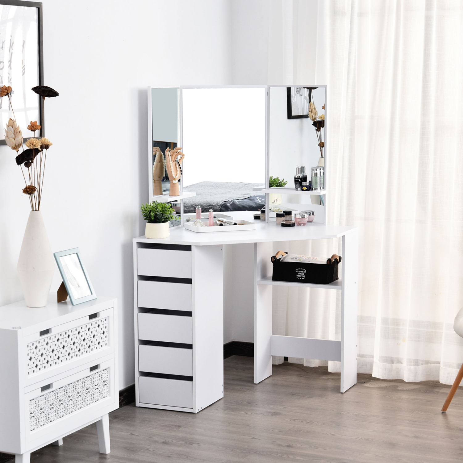 HOMCOM Corner Vanity Desk with Mirror, Makeup Vanity Table with 5 Drawers and Open Shelves, Dressing Table with 3-piece Mirror for Bedroom, White