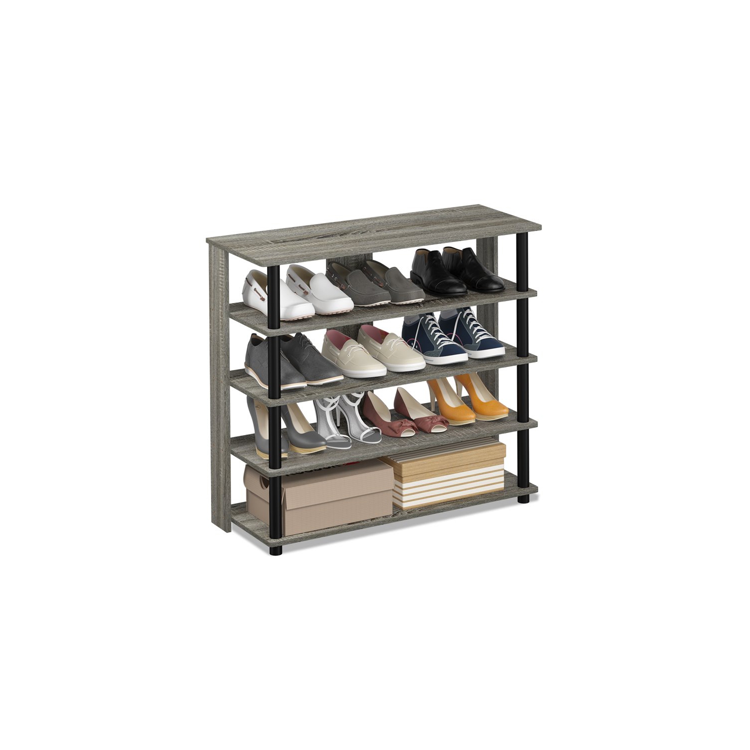 Furinno Turn-N-Tube Engineered Wood 5-Tier Wide Shoe Rack in French Oak Gray