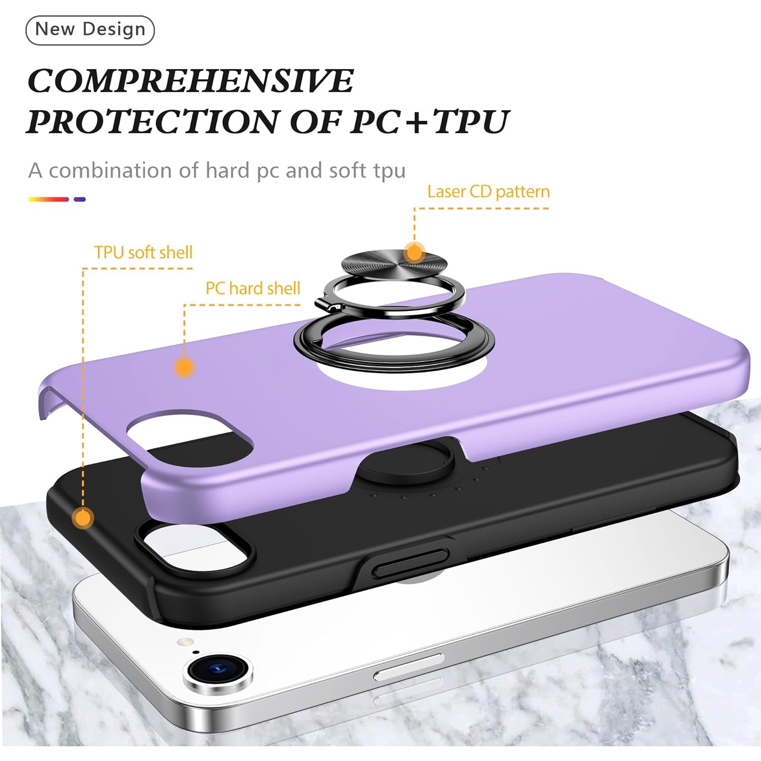 TopSave "Hidden Series" Solid Color PC Back Combine w/Inner Black TPU Bumper Kickstand Armor Case For iPhone 16e, Purple