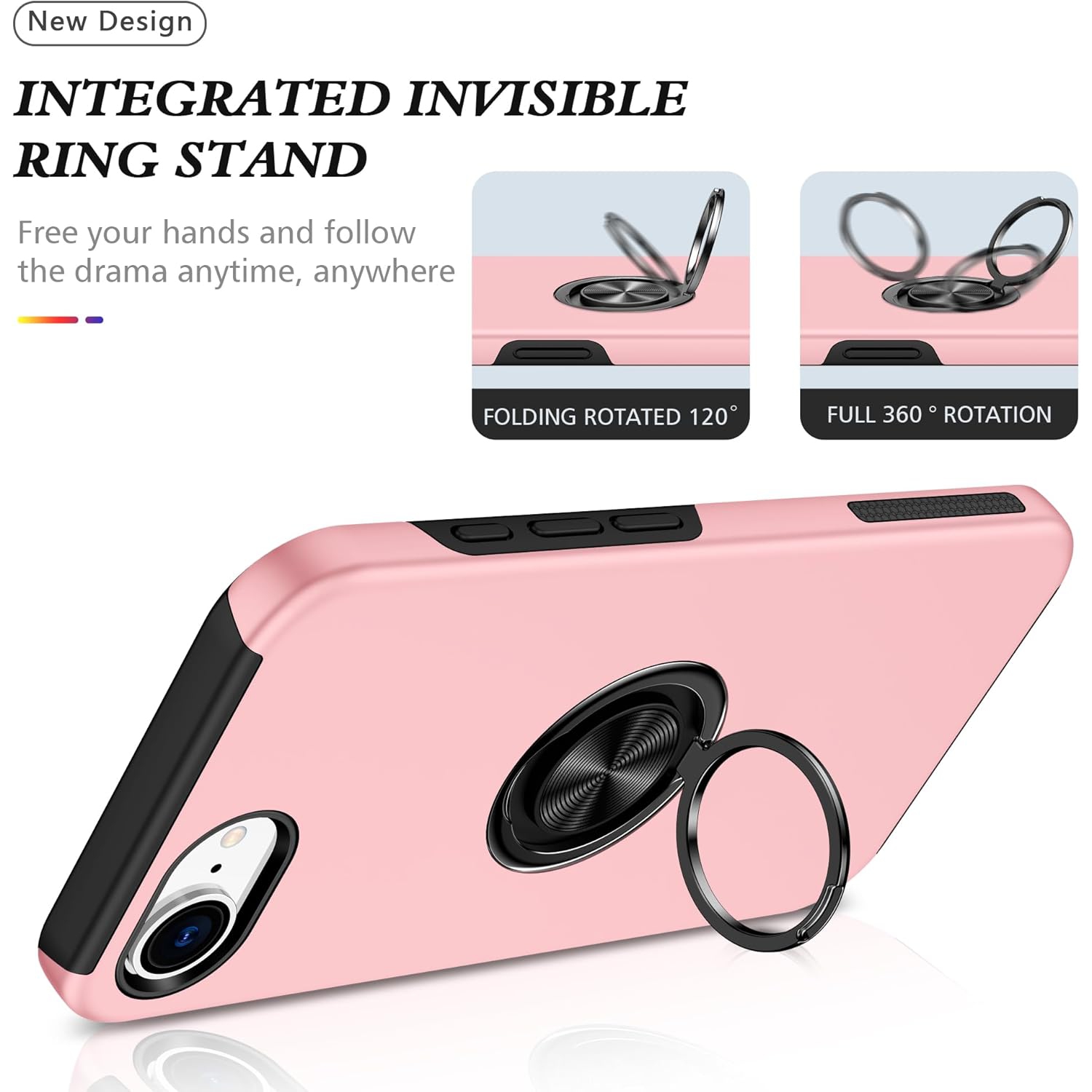 TopSave "Hidden Series" Solid Color PC Back Combine w/Inner Black TPU Bumper Kickstand Armor Case For iPhone 16e, Pink