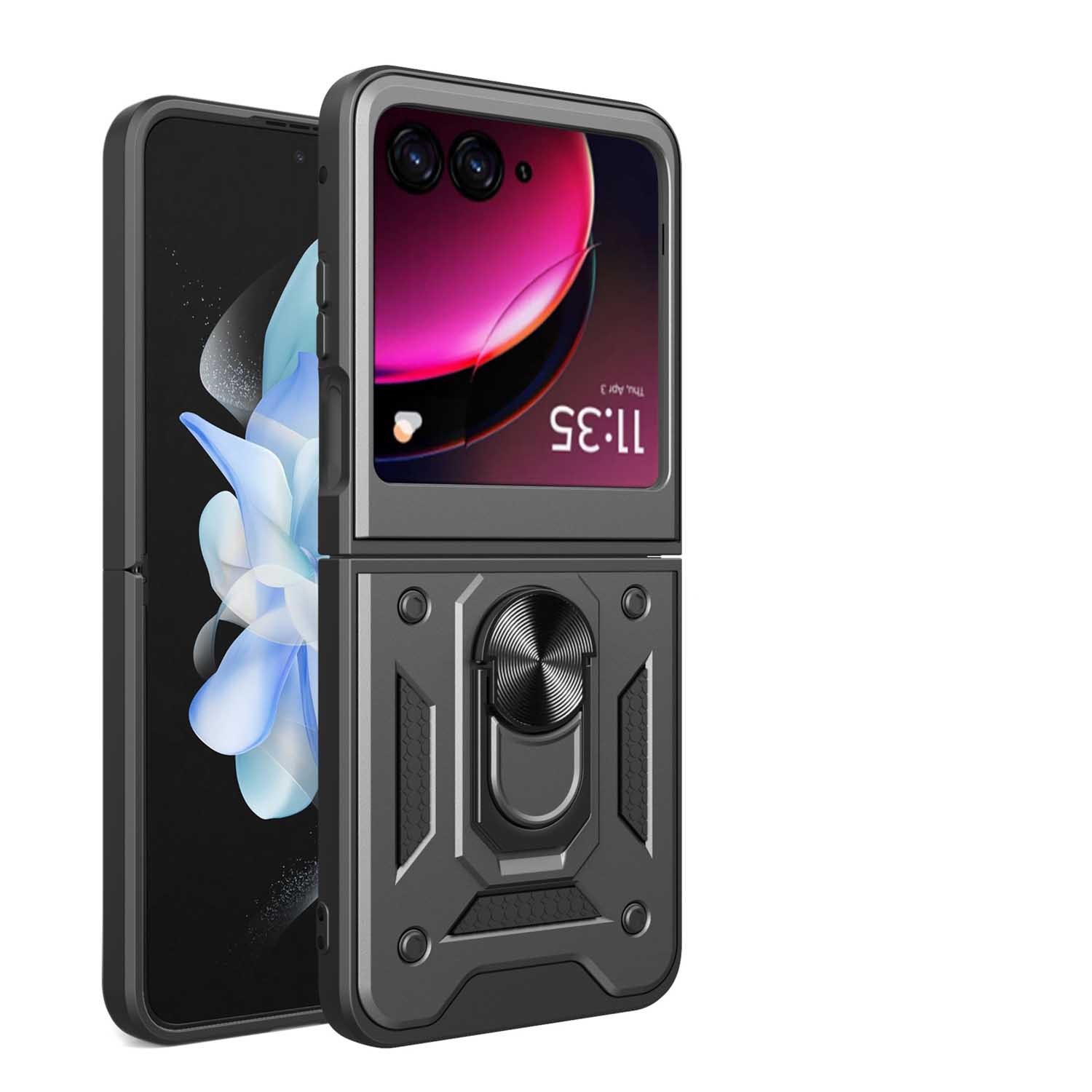 TopSave – Étui hybride robuste PC+TPU avec anneau rotatif à 360 degrés pour Motorola Moto Razr 2025, noir