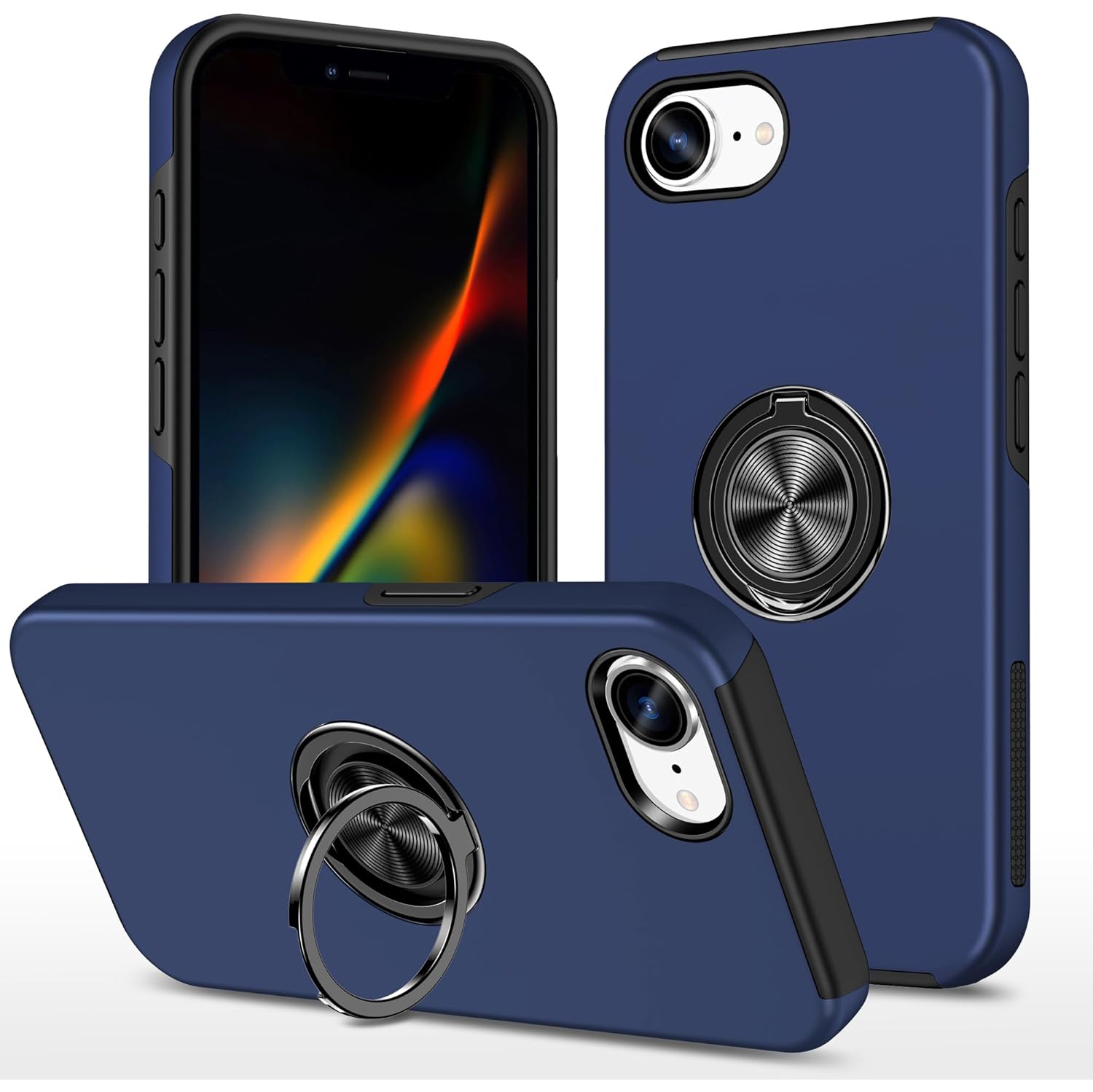 TopSave "Hidden Series" Solid Color PC Back Combine w/Inner Black TPU Bumper Kickstand Armor Case For iPhone 16e, Navy Blue