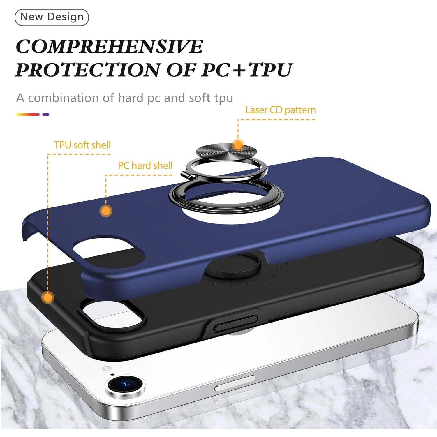 TopSave "Hidden Series" Solid Color PC Back Combine w/Inner Black TPU Bumper Kickstand Armor Case For iPhone 16e, Navy Blue