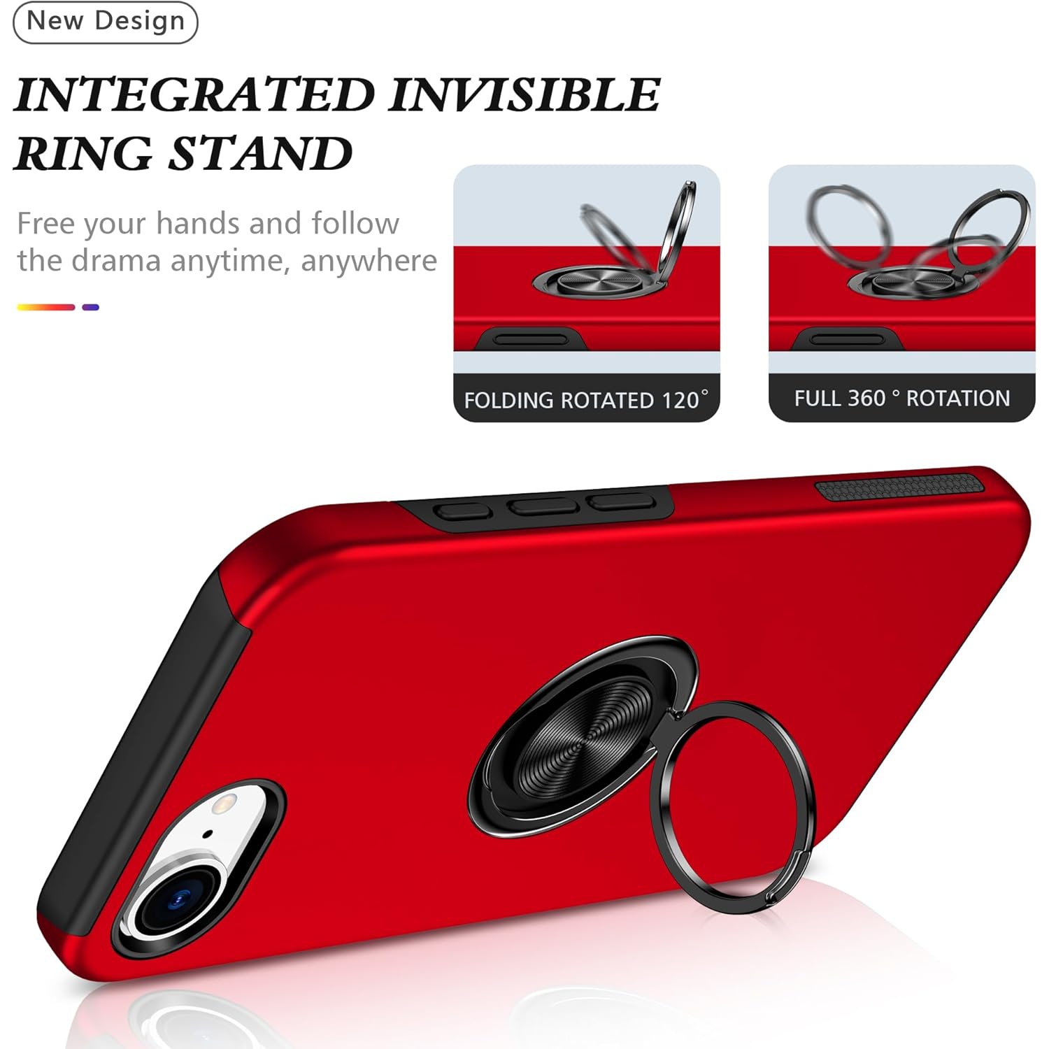 TopSave "Hidden Series" Solid Color PC Back Combine w/Inner Black TPU Bumper Kickstand Armor Case For iPhone 16e, Red