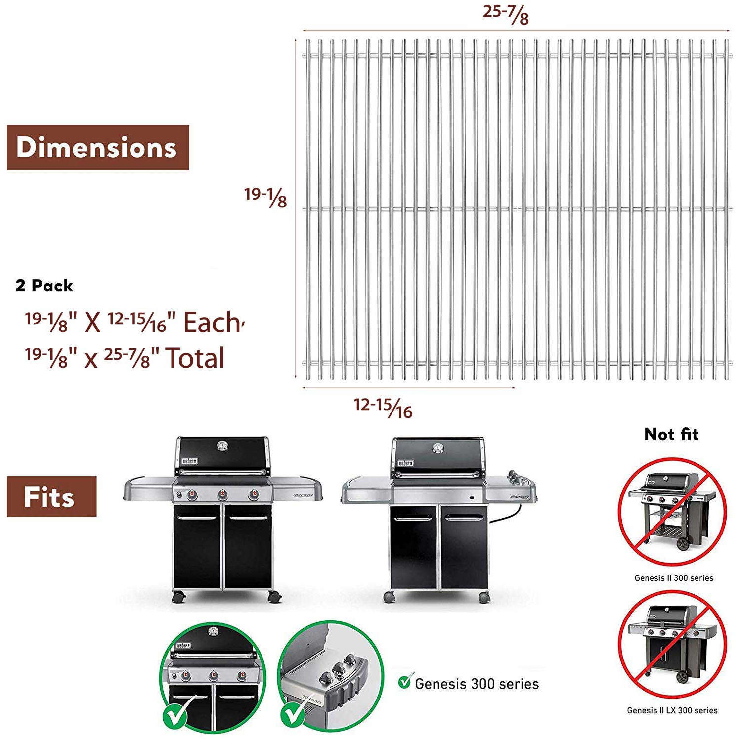 87528 Replacement Stainless Steel Cooking Grates For 83741701, 83750101, 83751001, 83751301 Models, Set of 2