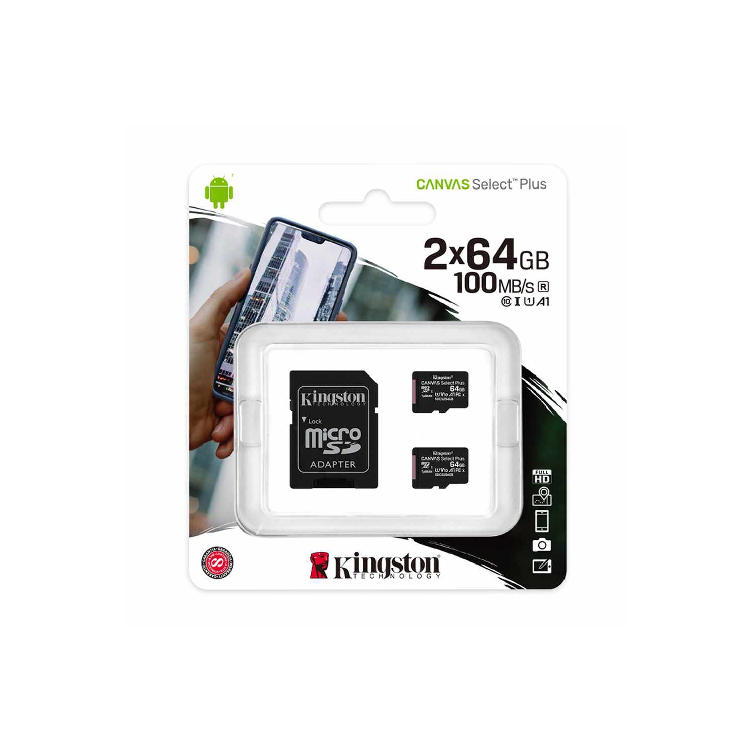 Kingston - Ensemble de 2 Cartes Micro SDXC Canvas Select Plus, 100R, A1, C10, 64GB avec 1 Adaptateur