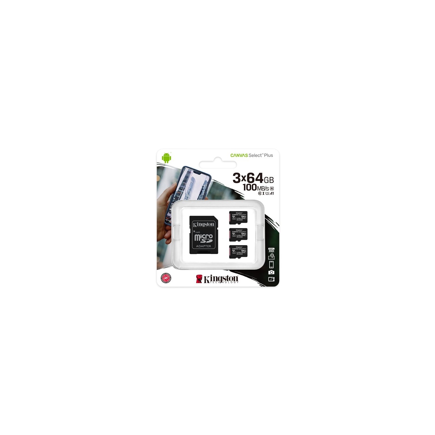 Kingston - Set of 3 Micro SDXC Canvas Select Plus Cards, 100R, A1, C10, 64GB with 1 Adapter