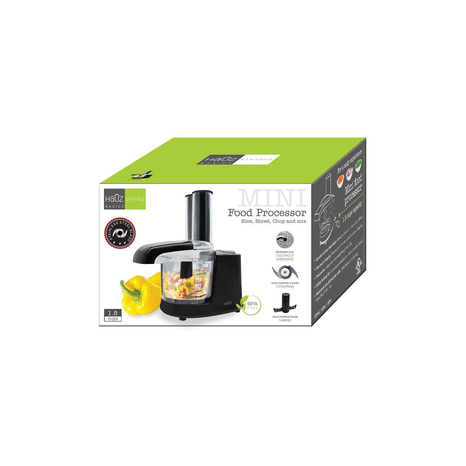 Hauz AFP131 - Mini 1.5-Cup Food Processor with Stainless Steel Blade, Black